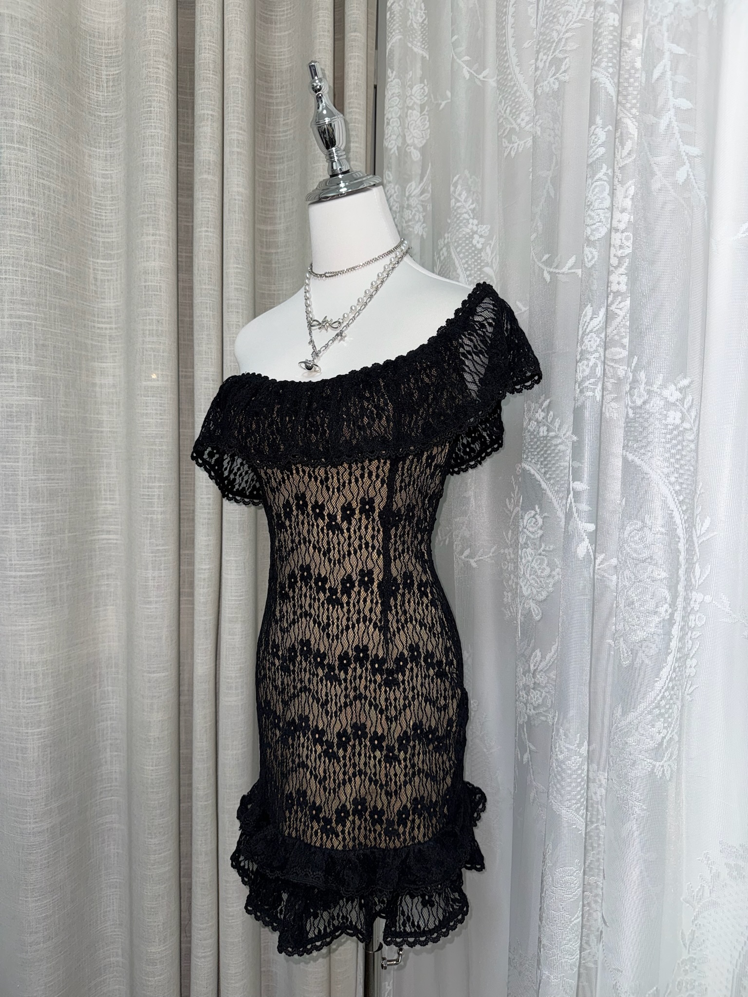 3-Way Wear Off-Shoulder Black Lace Overlay Dress