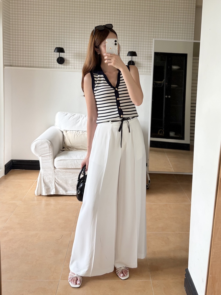 [超涼!!] Contrast Belt Wide Leg Slacks (White)