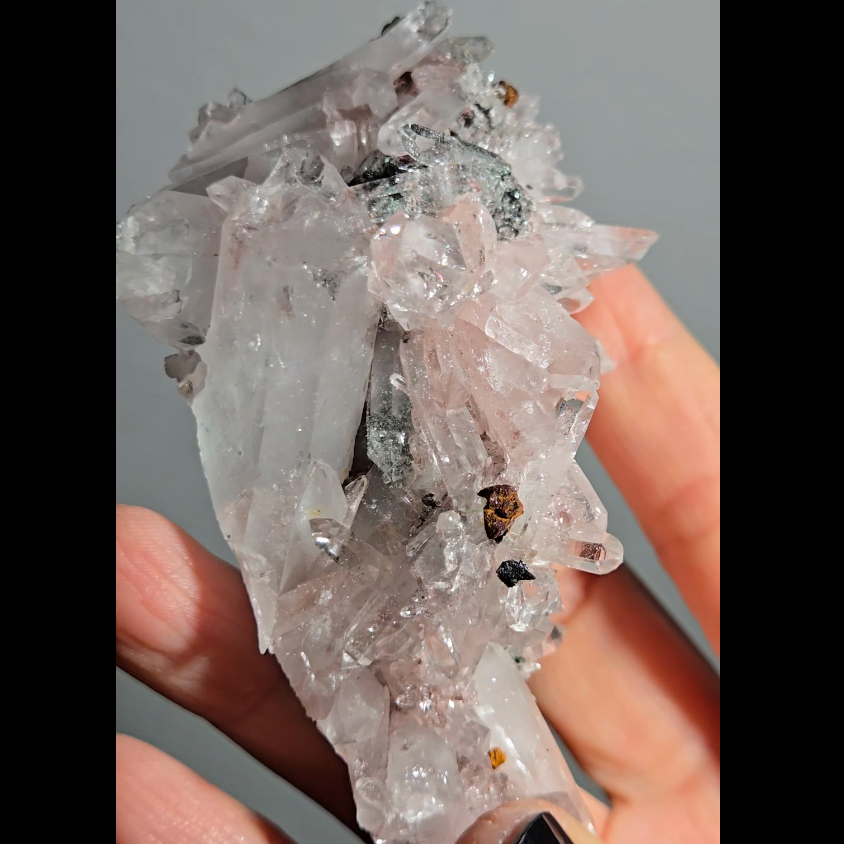 Pink Lemurian quartz cluster with green chlorite inclusions - LQ191