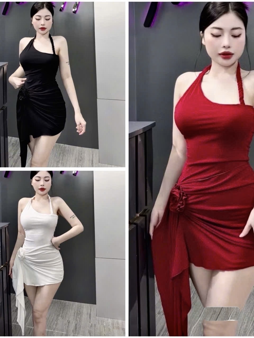 單肩迷你褶皺連身裙  *扭結細節