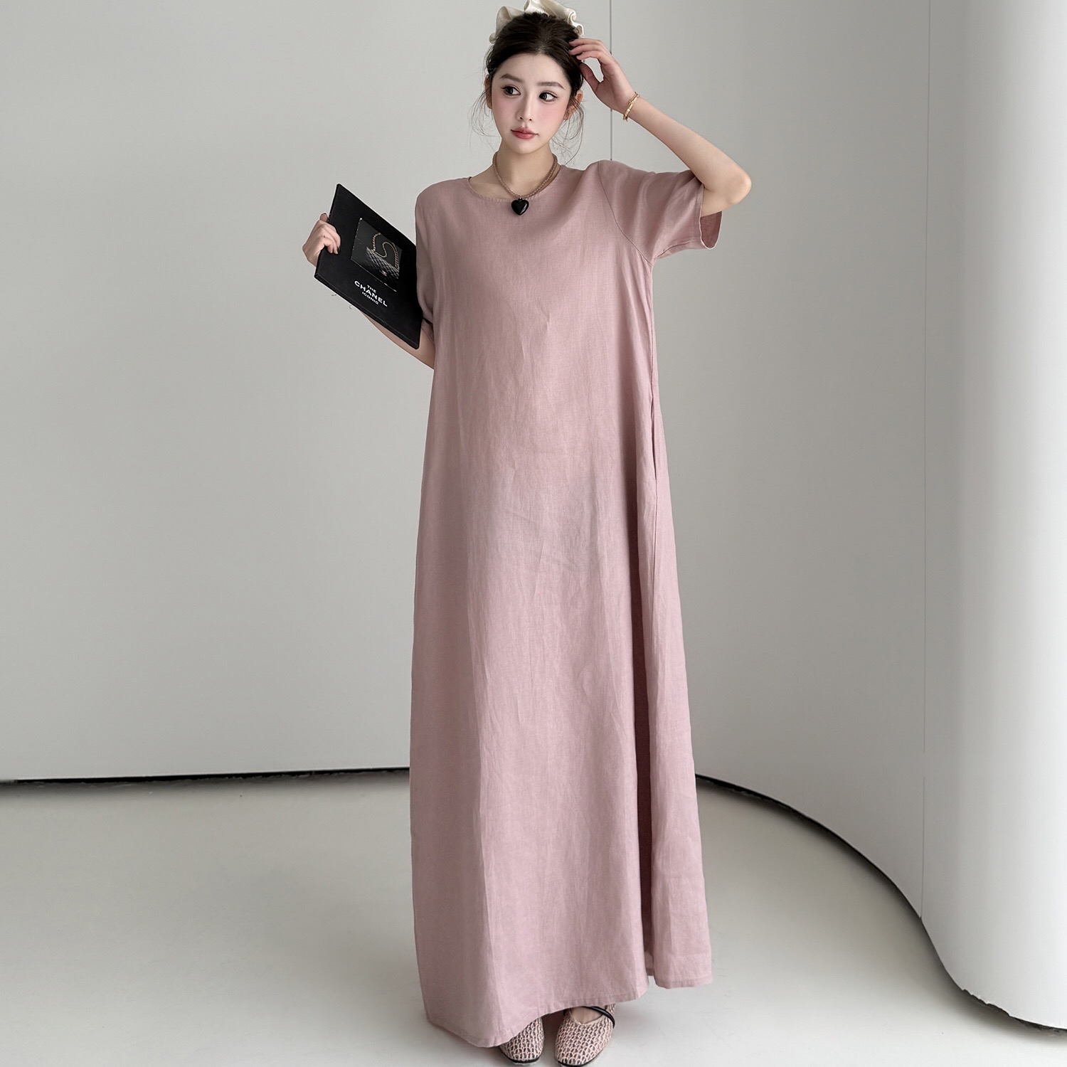 B239(61141) 韩系休闲风麻料圆领纯色藕粉连身裙