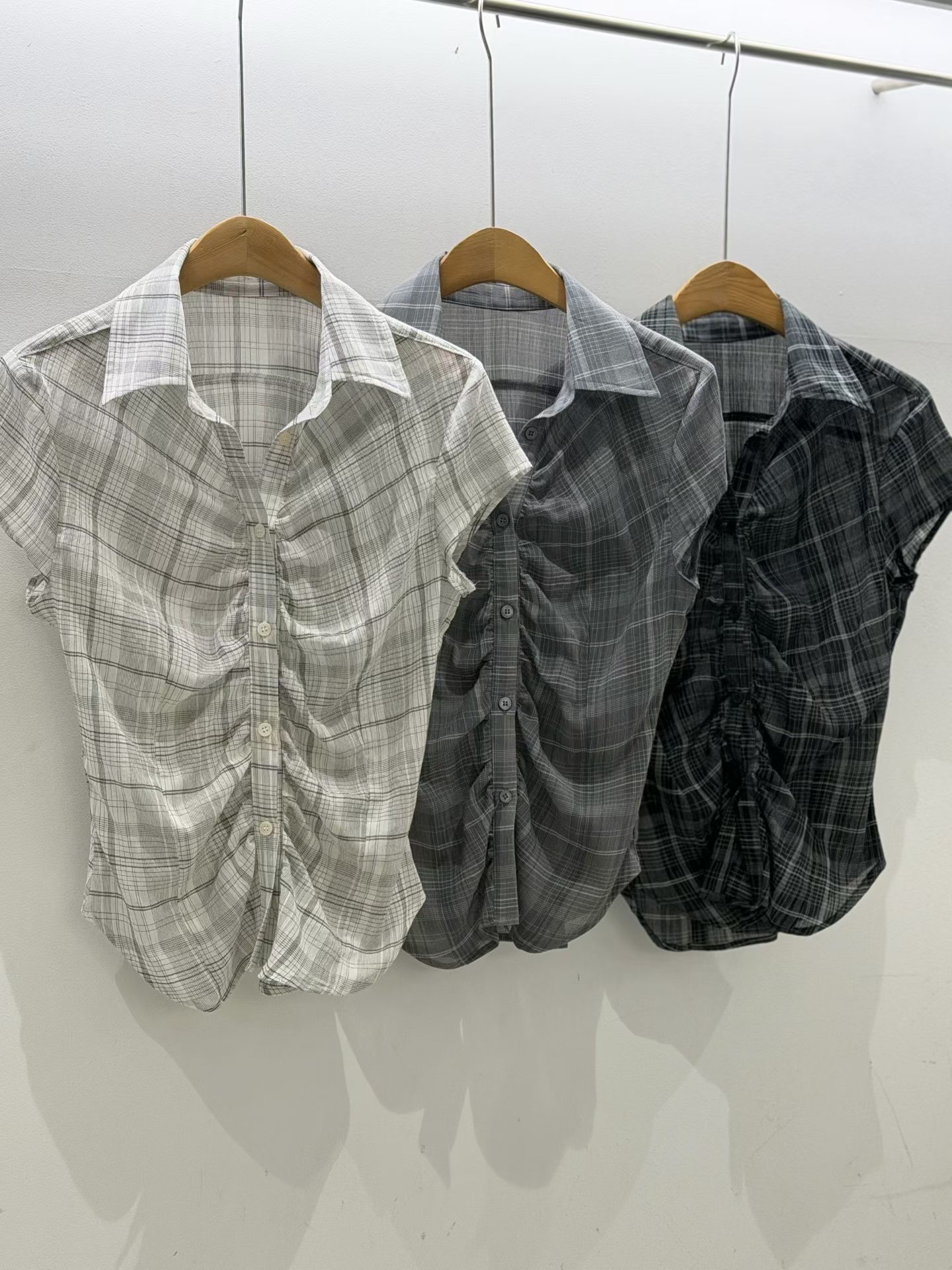 Plaid Shirred Button-Up Blouse