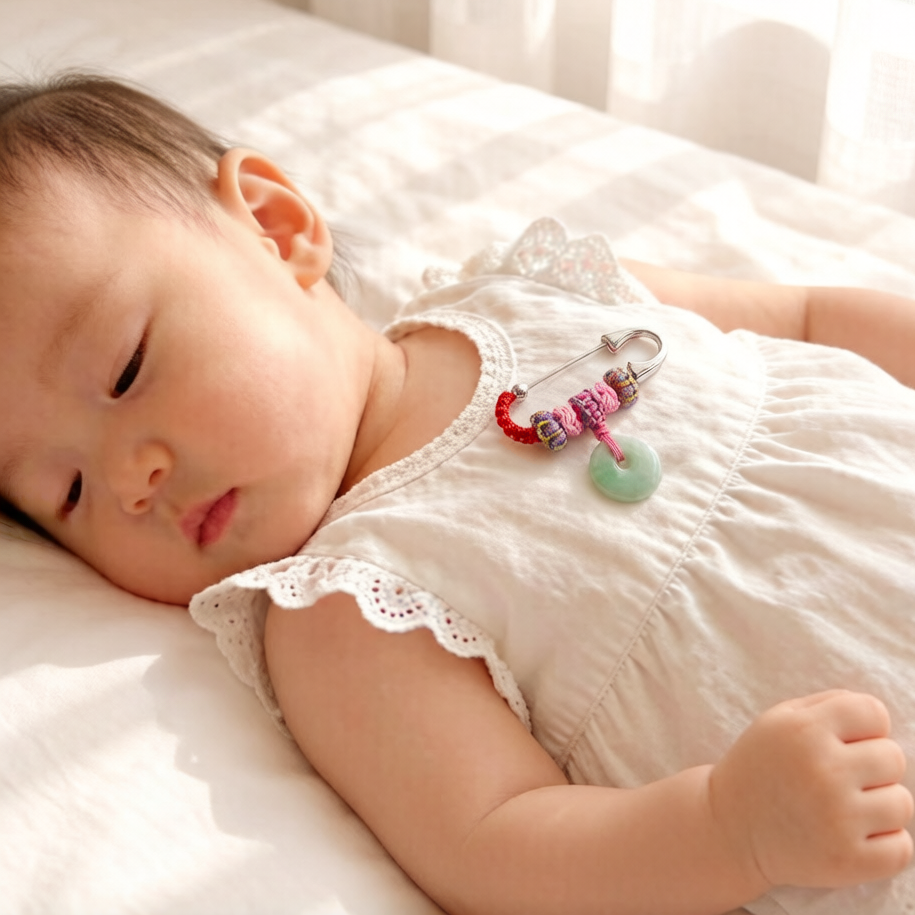 JN-3152 天然翡翠A玉 果綠保平安定驚BB嬰兒平安扣針