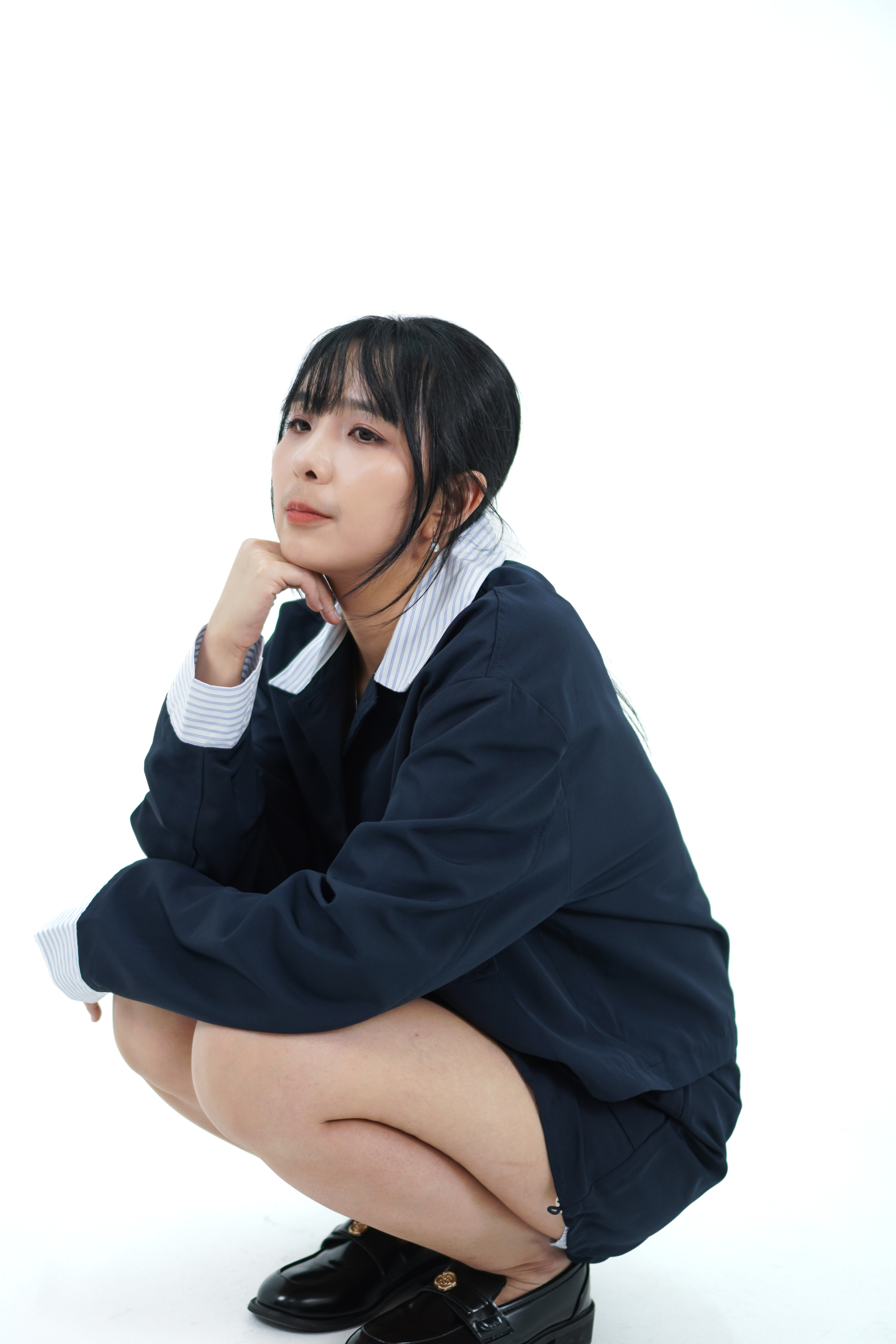 条纹拼接风衣+短裙套装