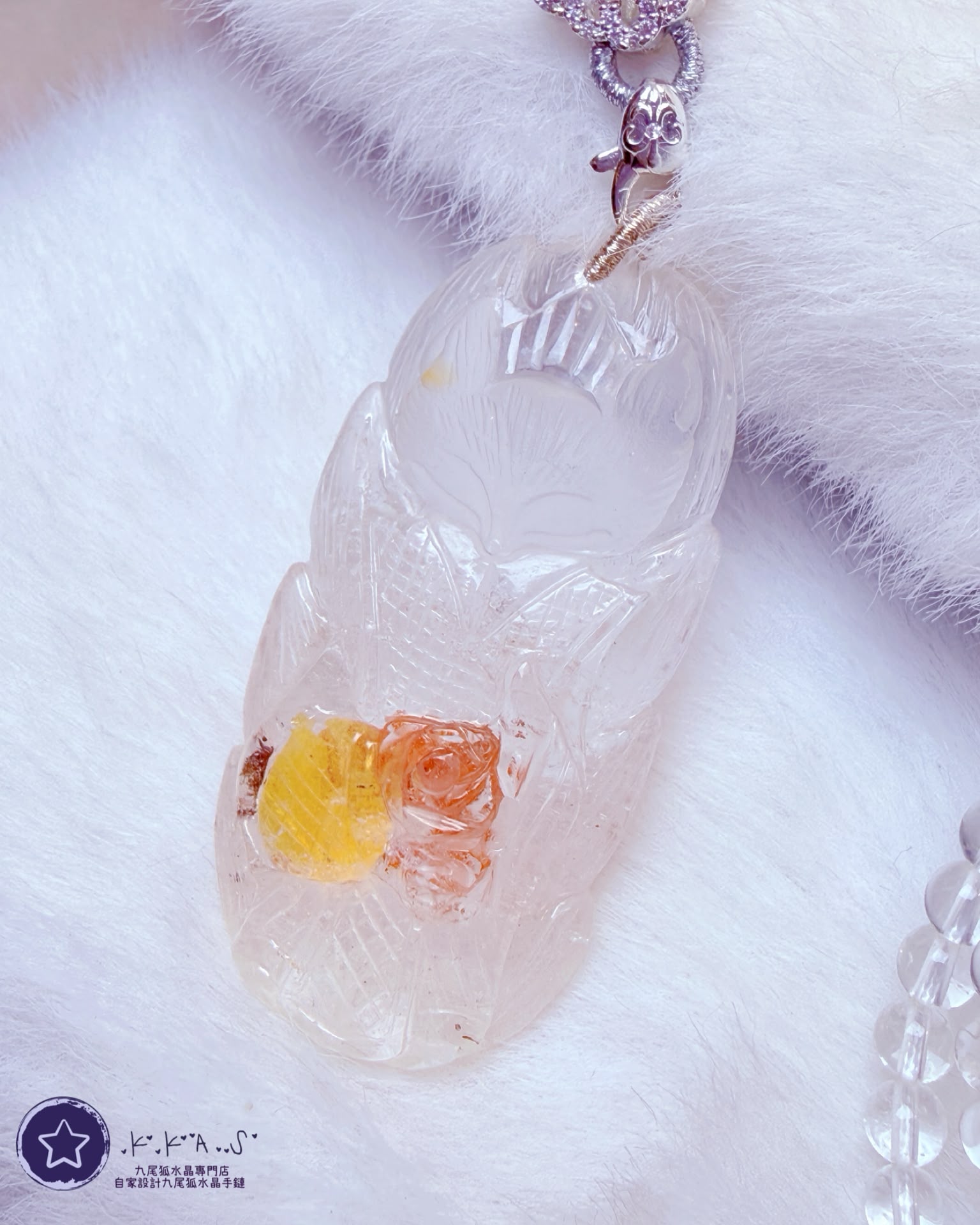 K00327 錦鯉膠花 玫瑰花狐 - 吊墜頸鏈/套鏈