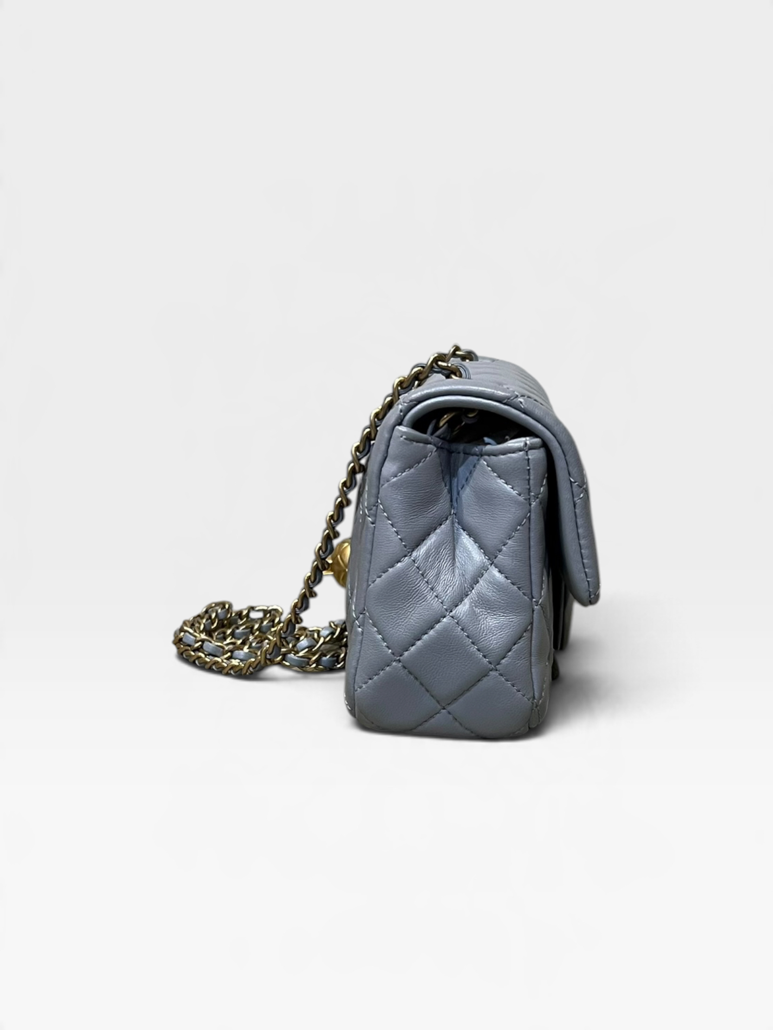 Pre-Owned Chanel Grey Lambskin Classic Mini Flap with Gold Ball / K9905