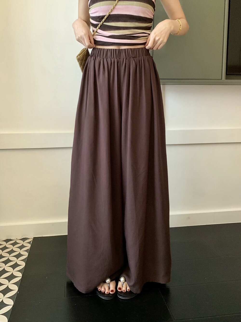 零感松弛韩系慵懒撞色条纹抹胸+休闲裤套装(两件套)Striped Tube Top Wide Leg Pants Set