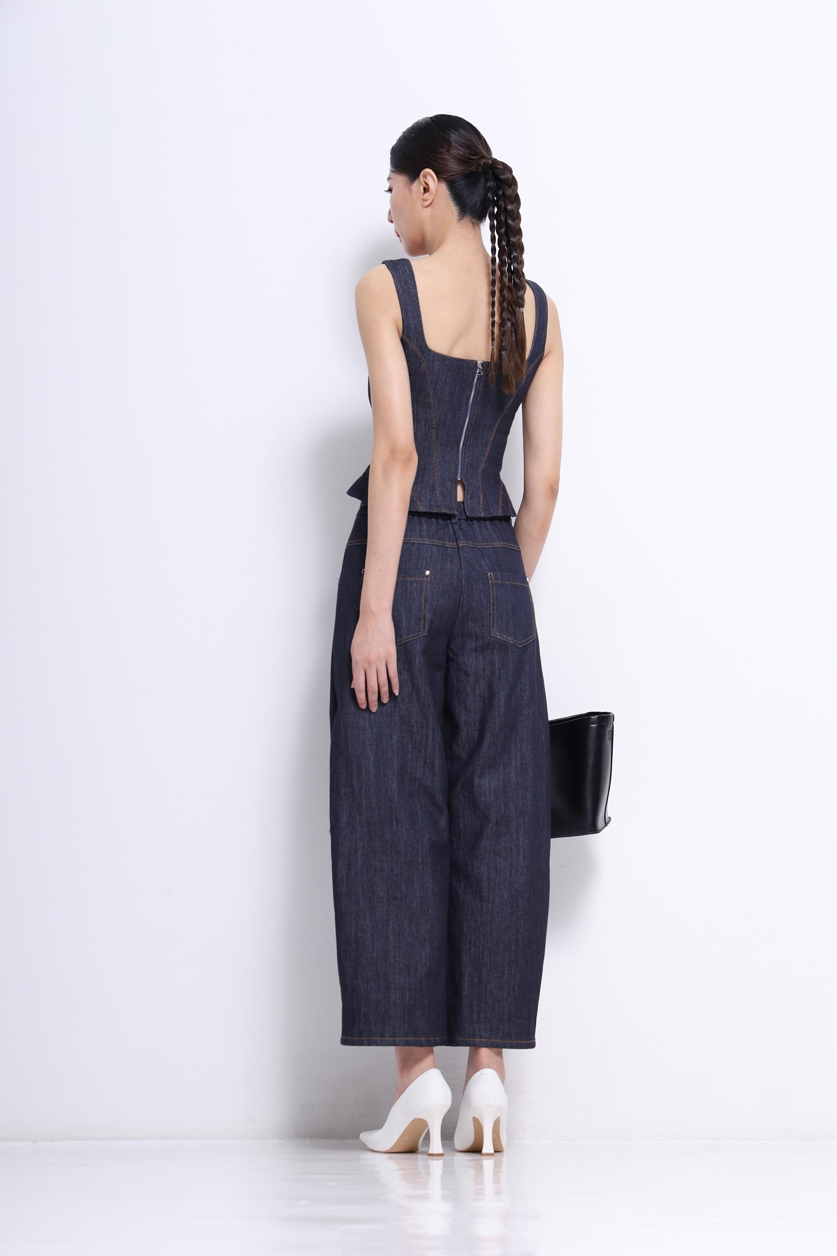 CB2700 DENIM SQUARE NECKLINE PEPLUM TOP