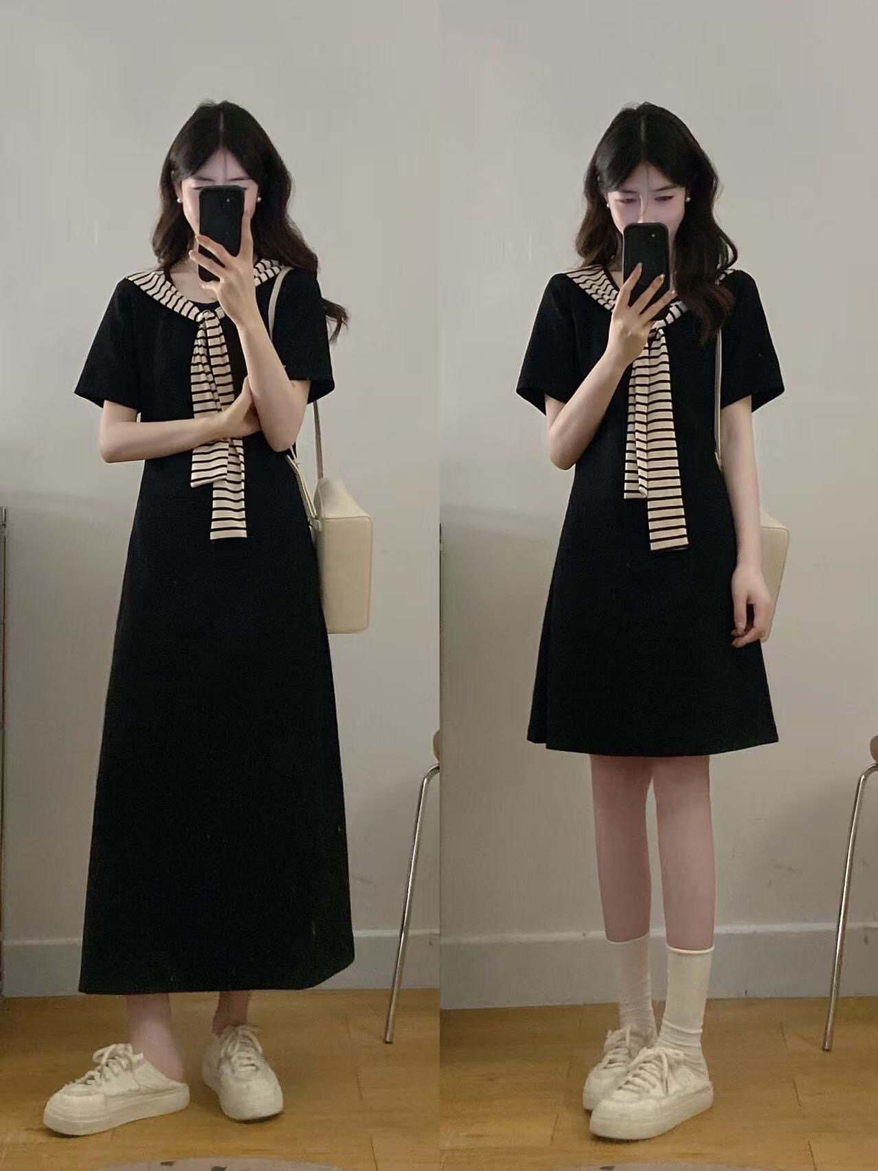 B76(3101长) 长款韩系气质时尚拼接条纹披肩领黑连身裙