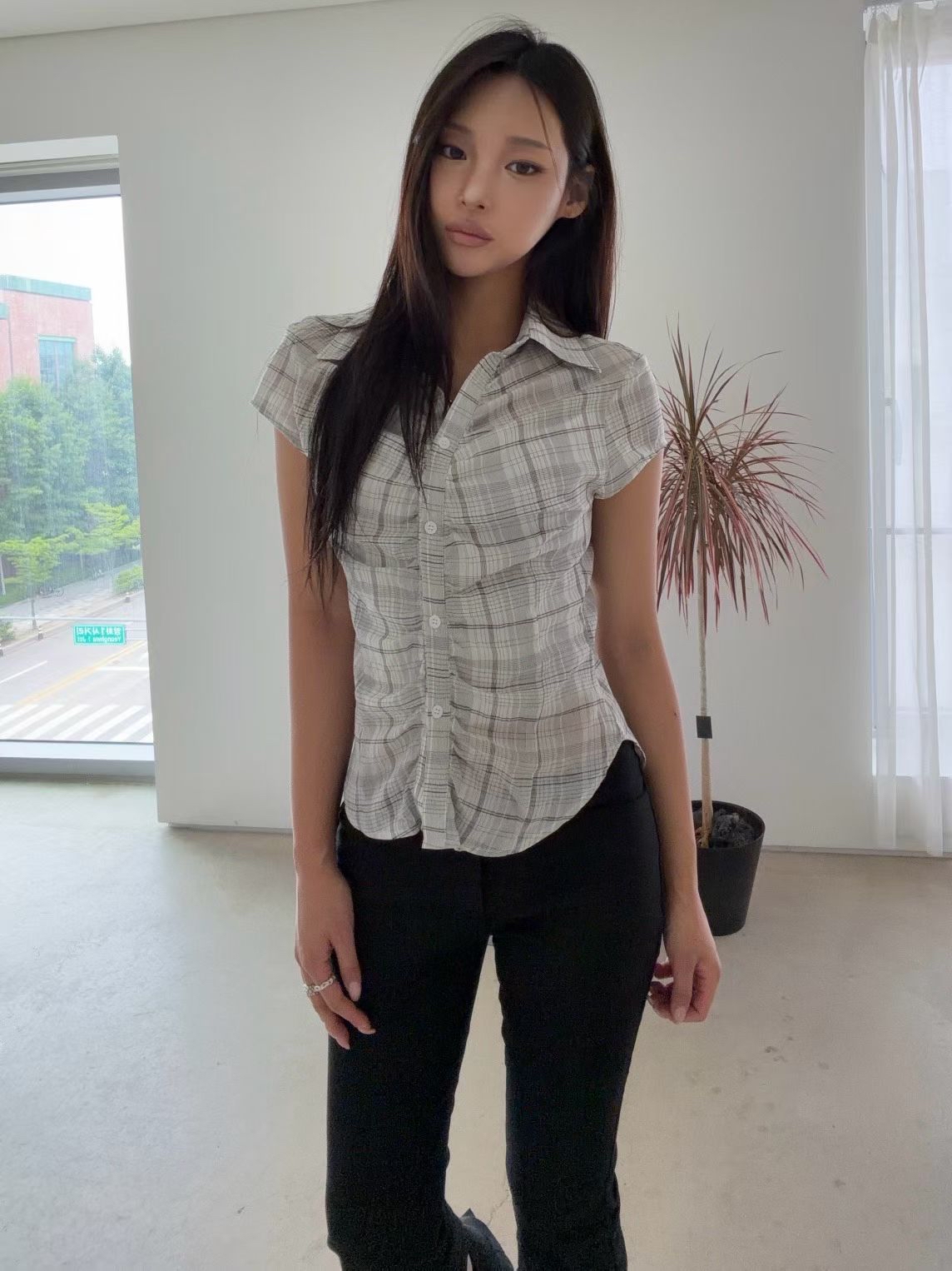 Plaid Shirred Button-Up Blouse