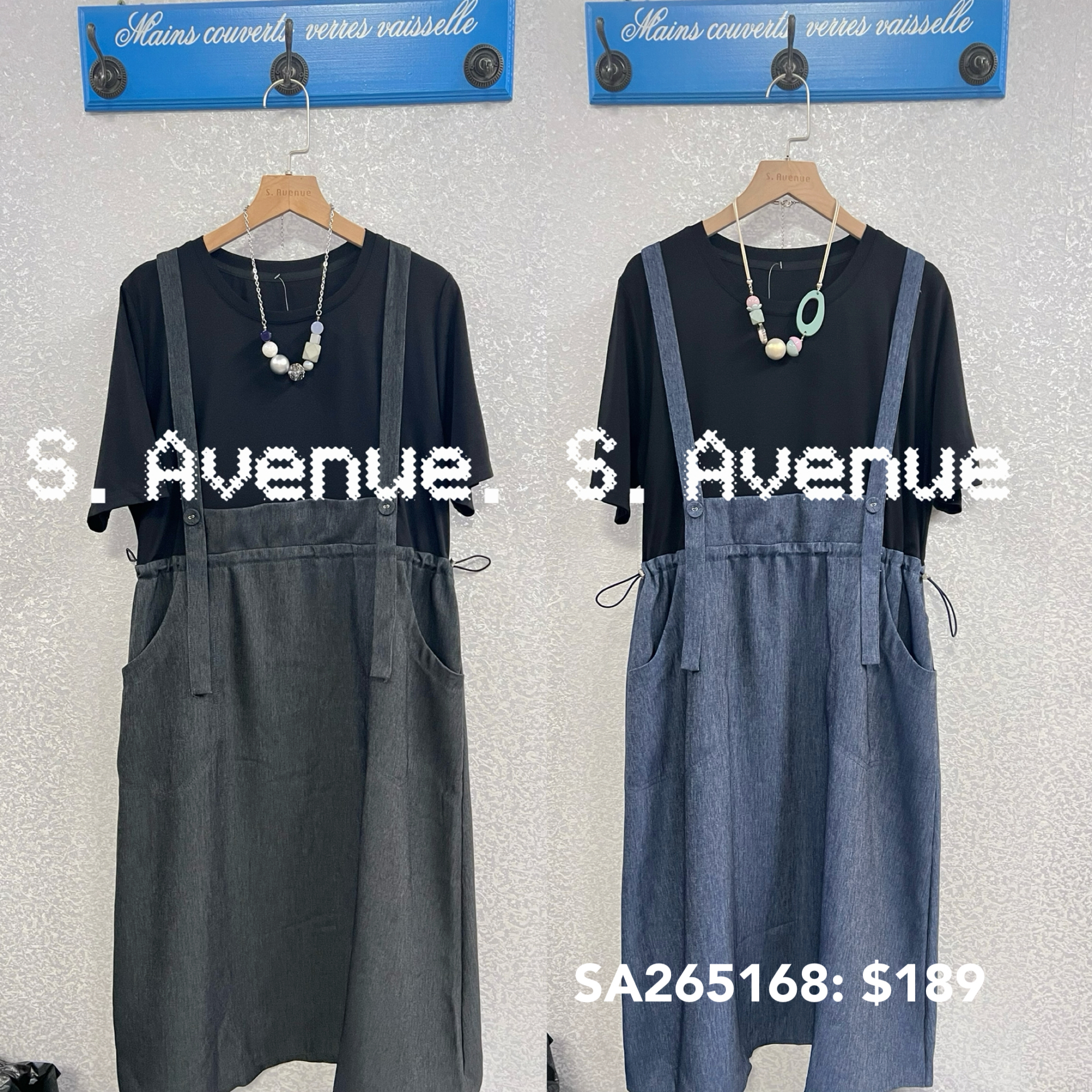 SA265168: 短袖吊帶假兩件工人裙