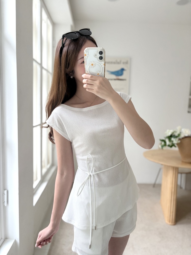 Elysian Boat Neck Belted Set (White)