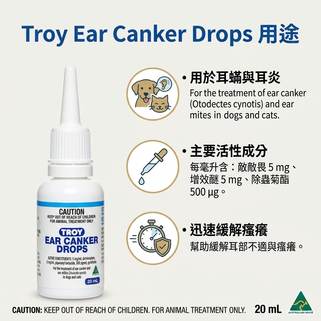 (現貨即取)TROY Ear Canker Drops 犬貓耳朵潰瘍滴劑 20mL - 治療犬貓耳疥蟲感染