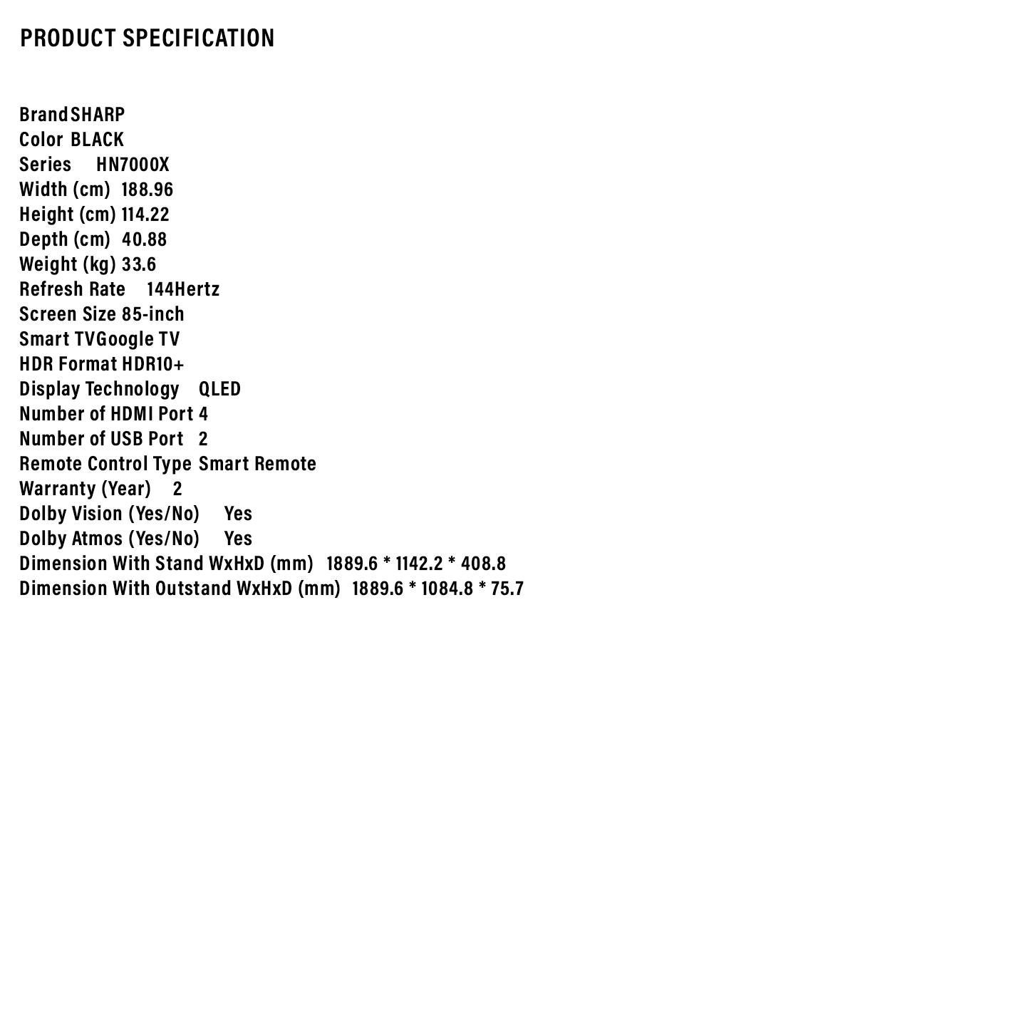 Sharp 85" 4K UHD QLED 144Hz Google TV (4TC85HN7000X)