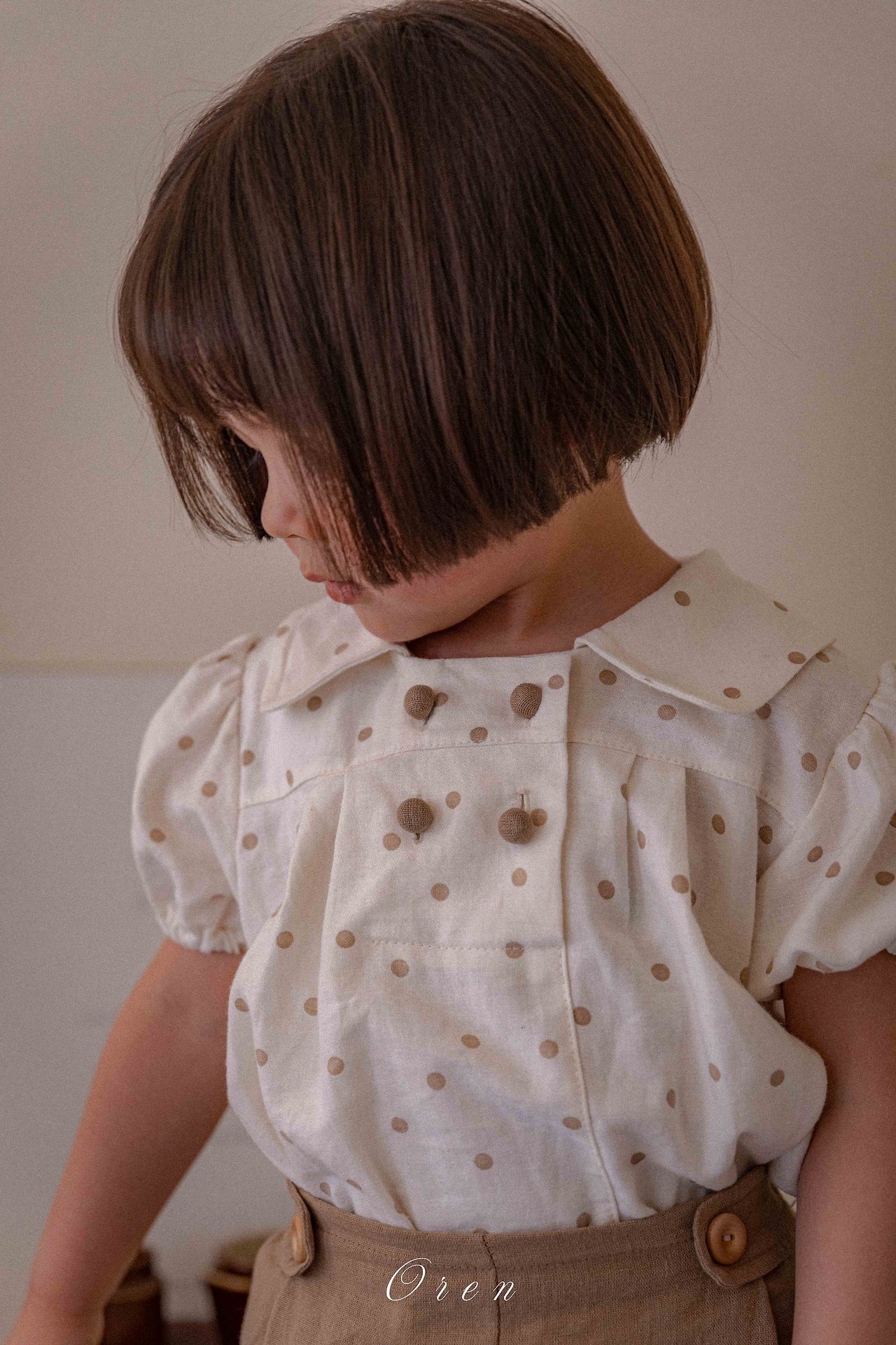 ☀️預訂 韓國直送☀️🇰🇷Oren 雙排鈕扣波點翻領亞麻混紡短袖包屁衣/連身裙/上下套裝