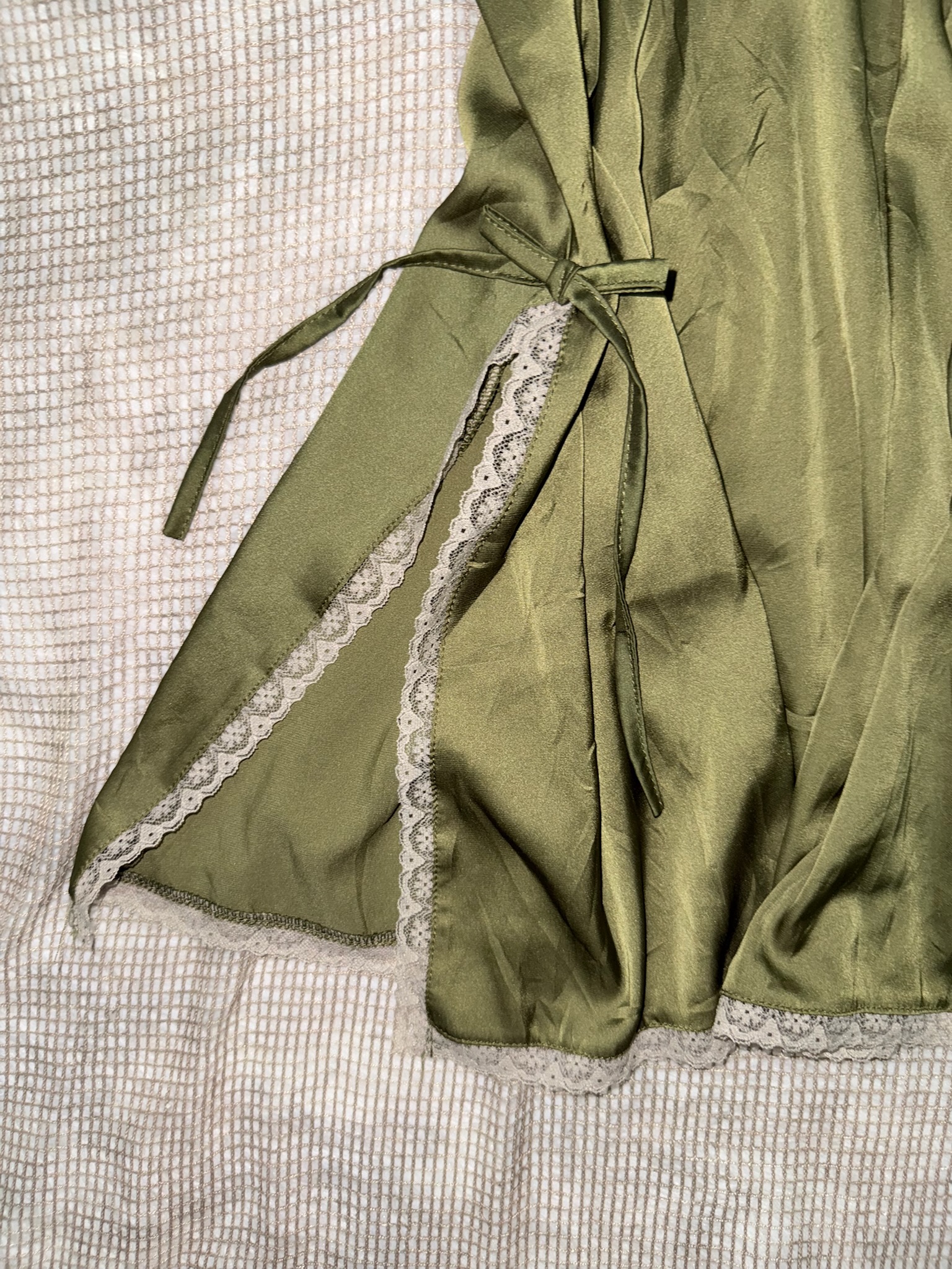 Olive Green Satin Nightie with Floral Lace V-Neck