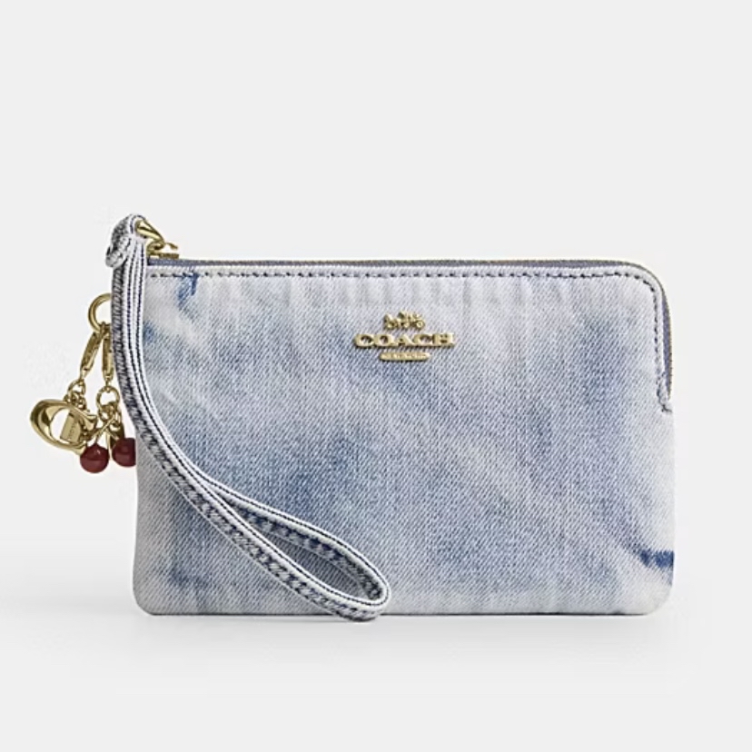 COACH Corner Zip Wristlet in Loved Denim with Charms
