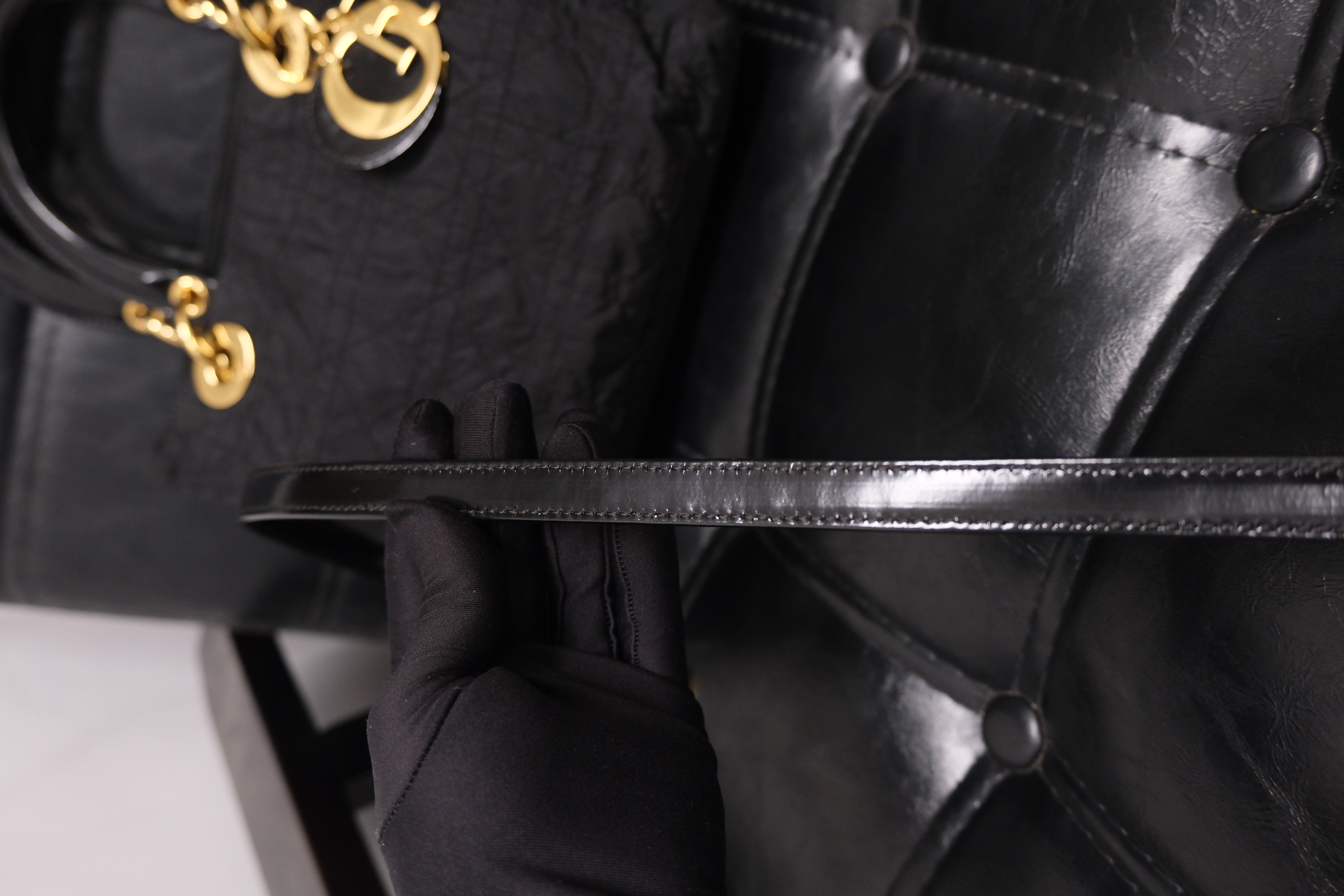 Dior Lady Dior Cannage Nylon Hand Bag Black Gold