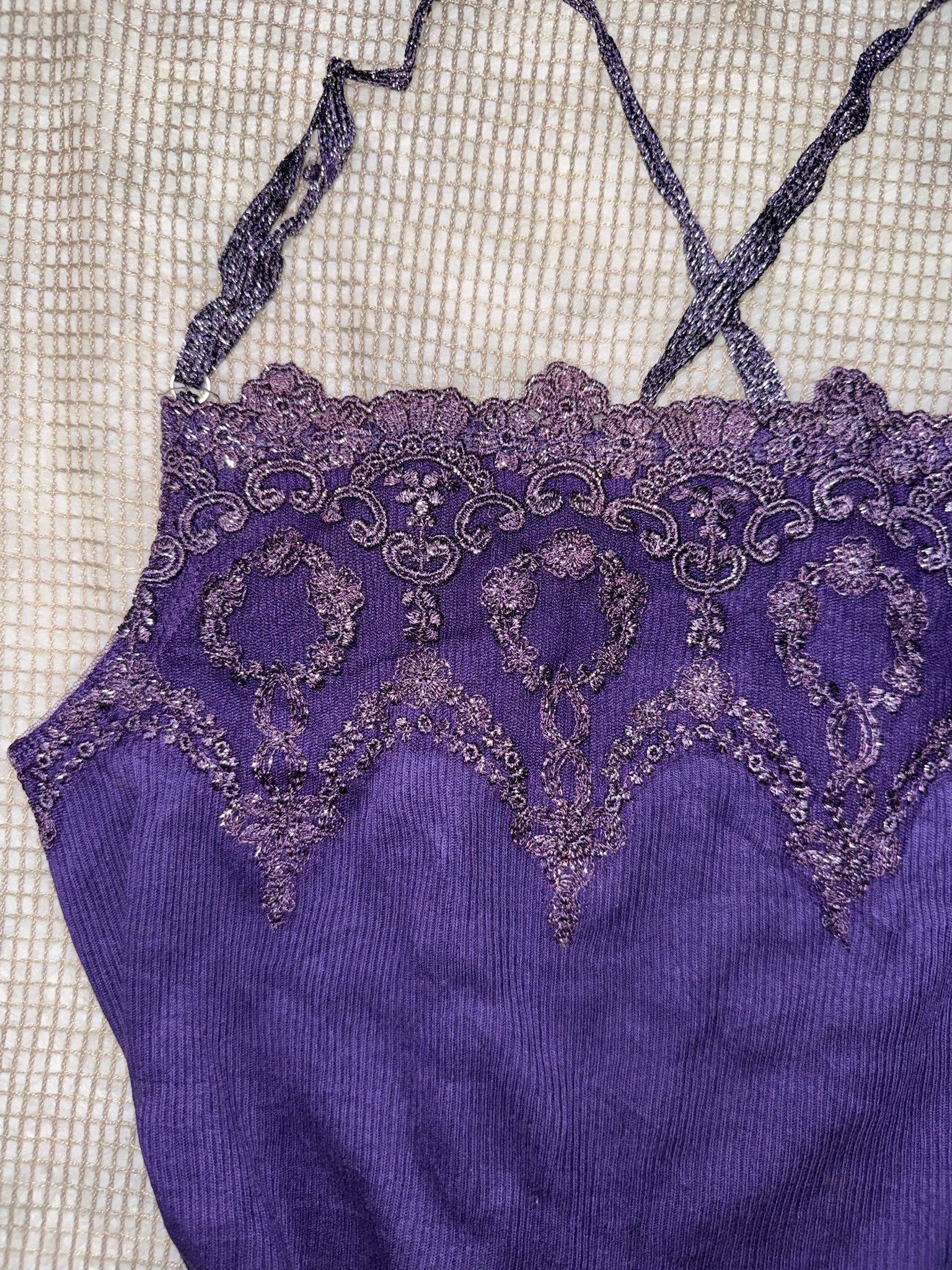 Purple Metallic Knit Cami with Embroidered Lace