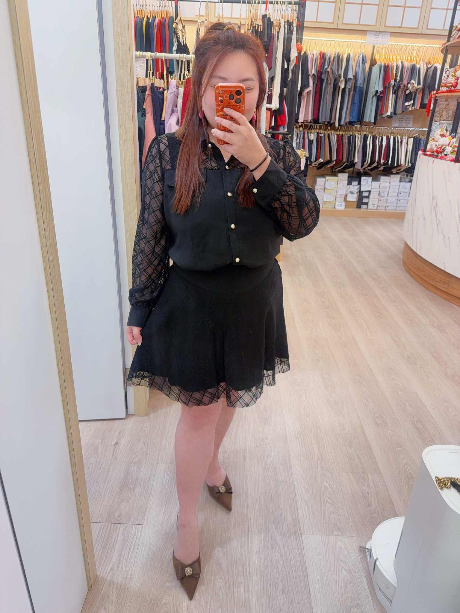 NJB02 TW#3531 排扣拼网纱长袖上衣裤裙套装