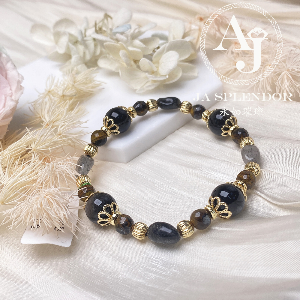 CY-03 黑髮晶銀曜黃虎眼14K包金水晶手鏈