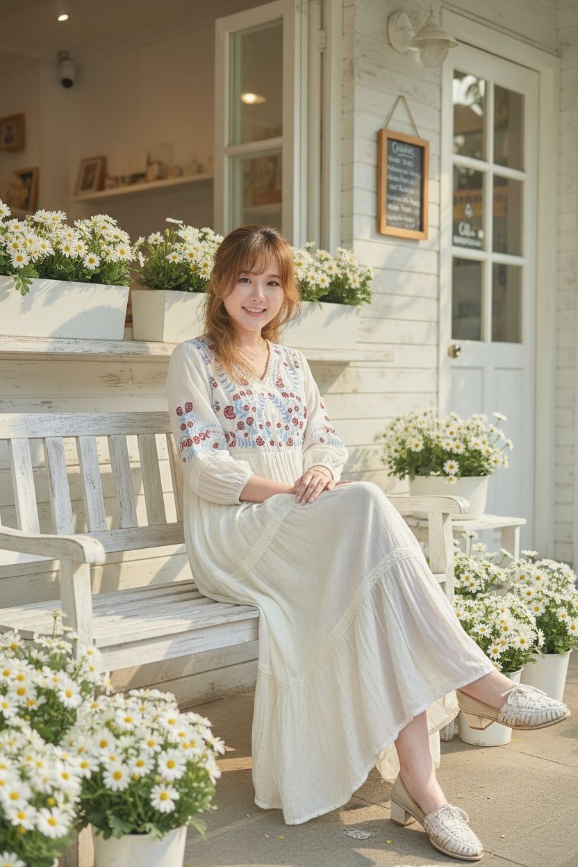 2113 Pure White V  Neck Floral Emb OP 53"