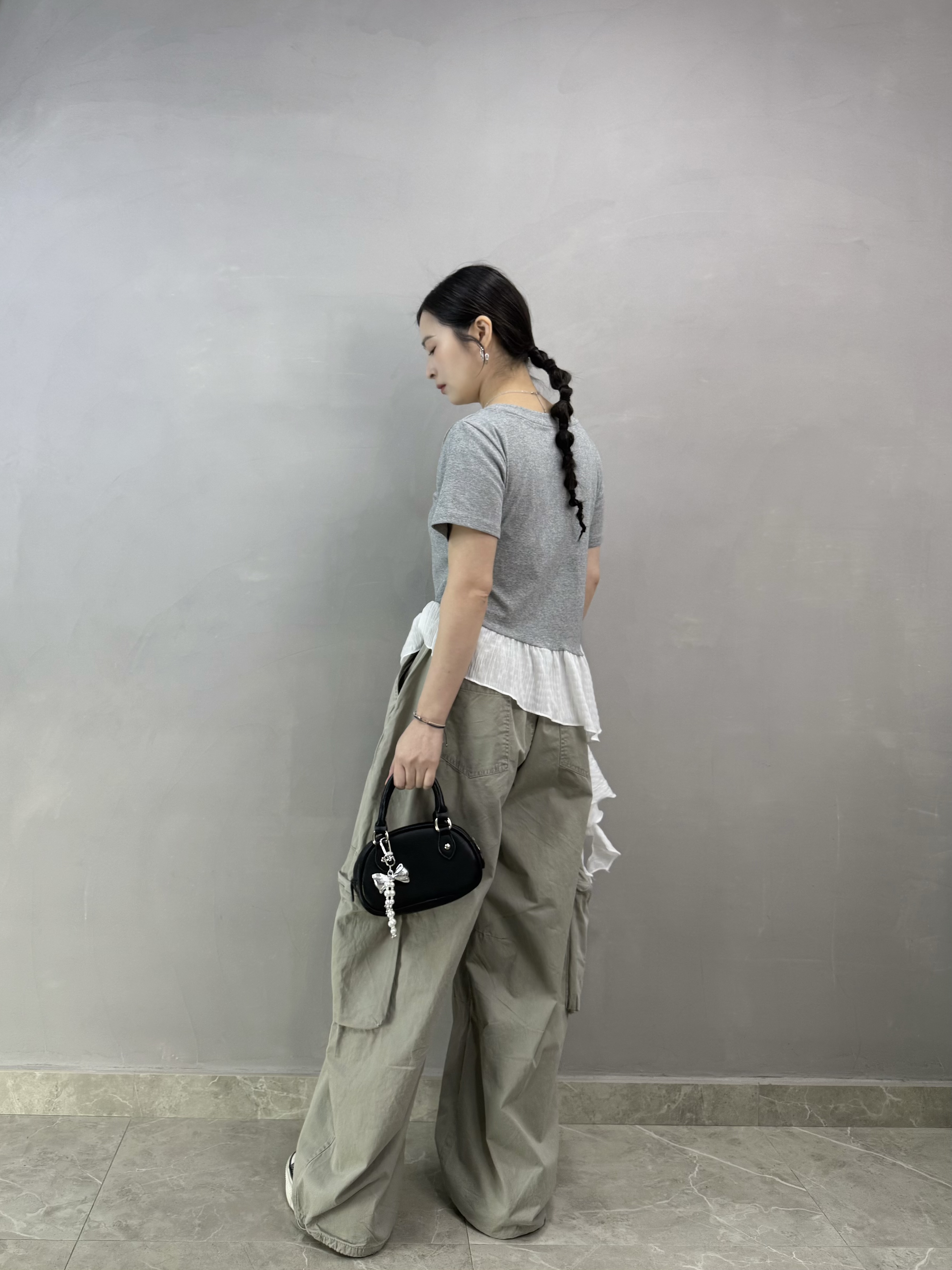 S76 棉質拼斜腳ruffle top
