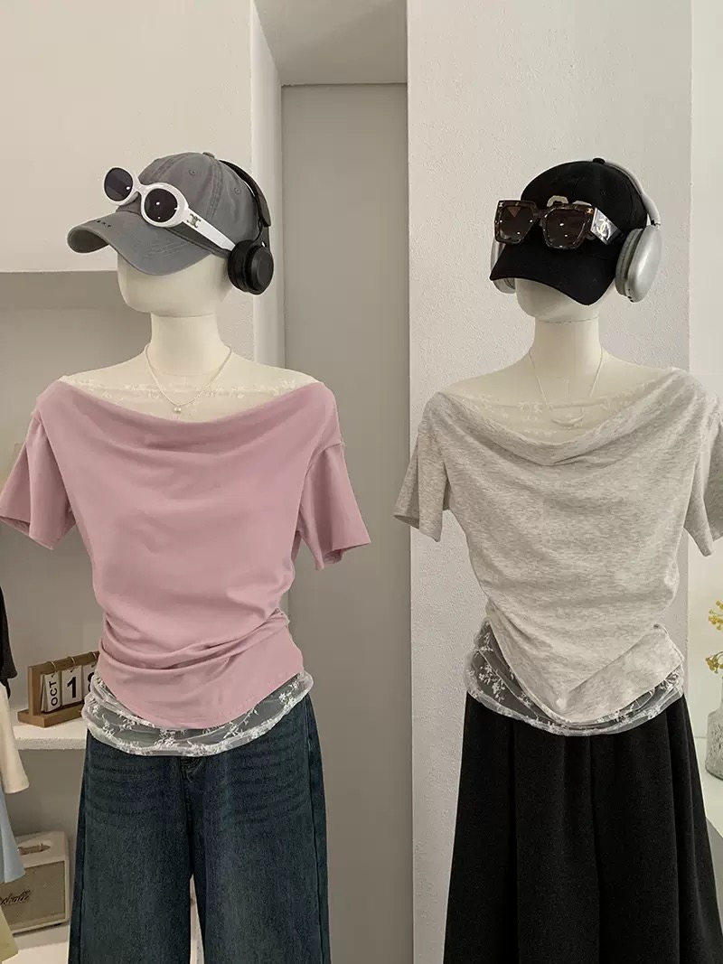 蕾丝拼接假两件荡领短袖T恤 褶皱显瘦纯欲气质上衣