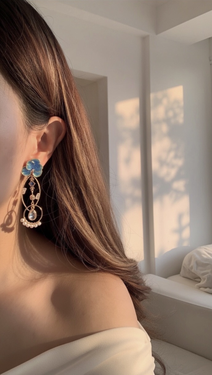 水墨深藍珍珠花耳環🌟