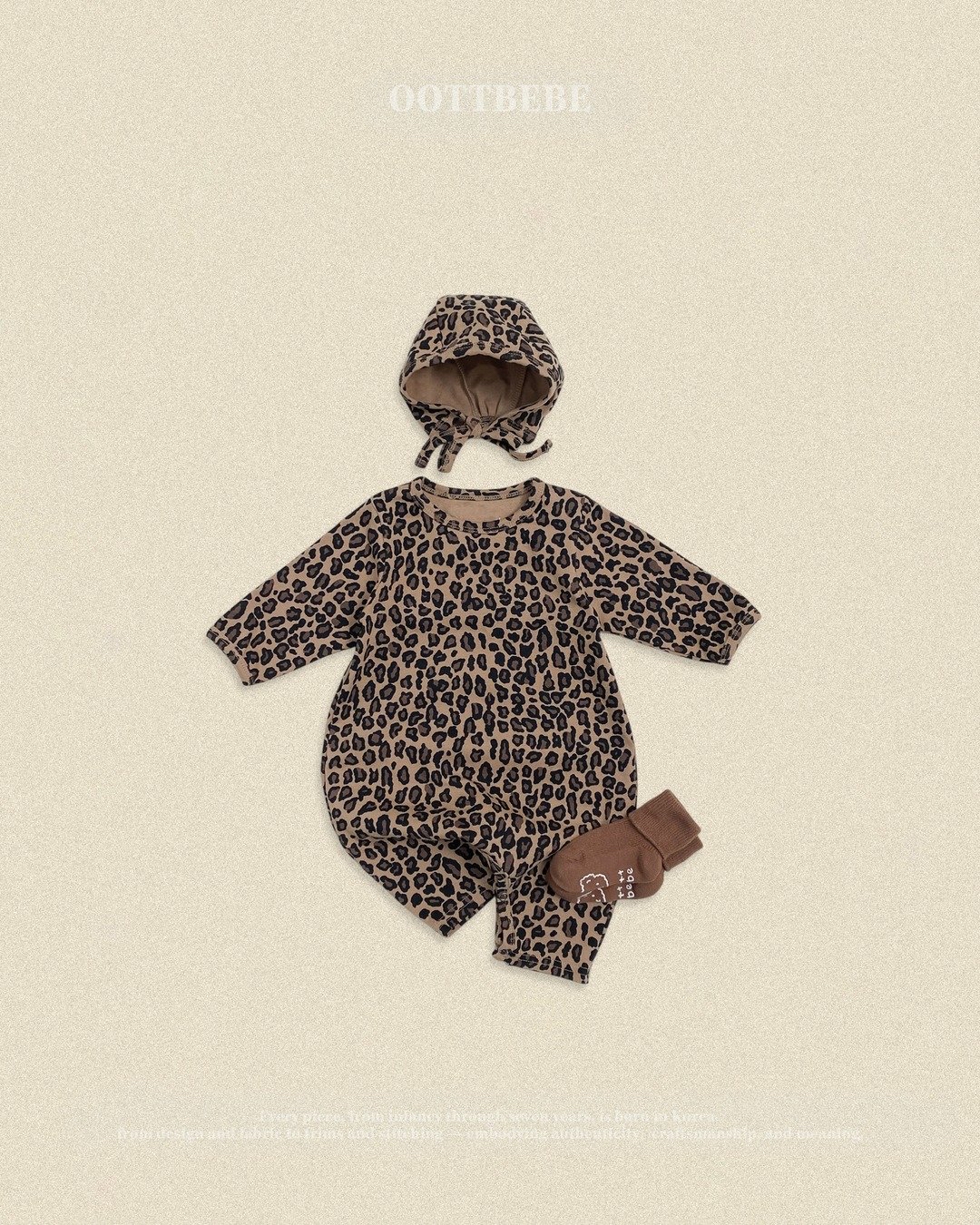 OOTT |  (bebe) Little Leopard Print Full-Body Suit + Bonnet Set