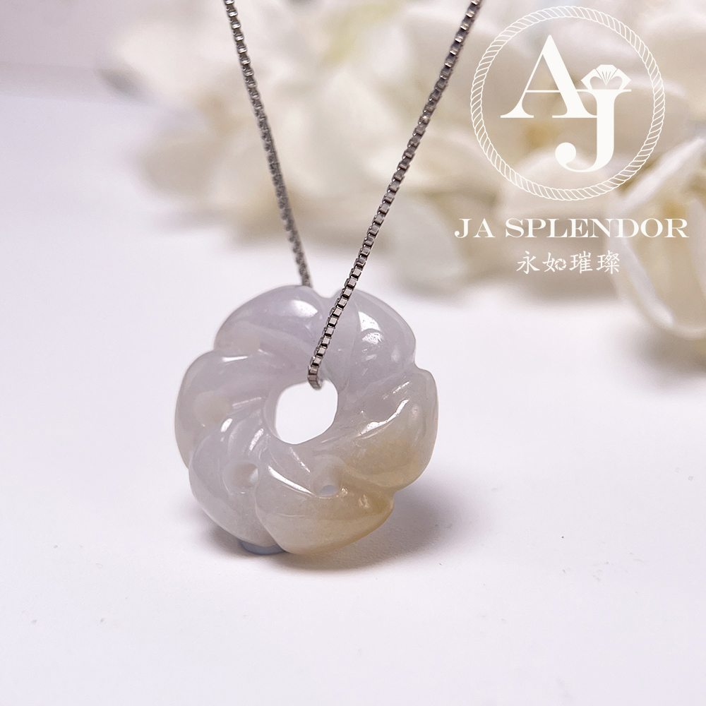 JN-2738 天然翡翠A玉-糖環花開富貴立體雕花吊墜（送銀鏈）
