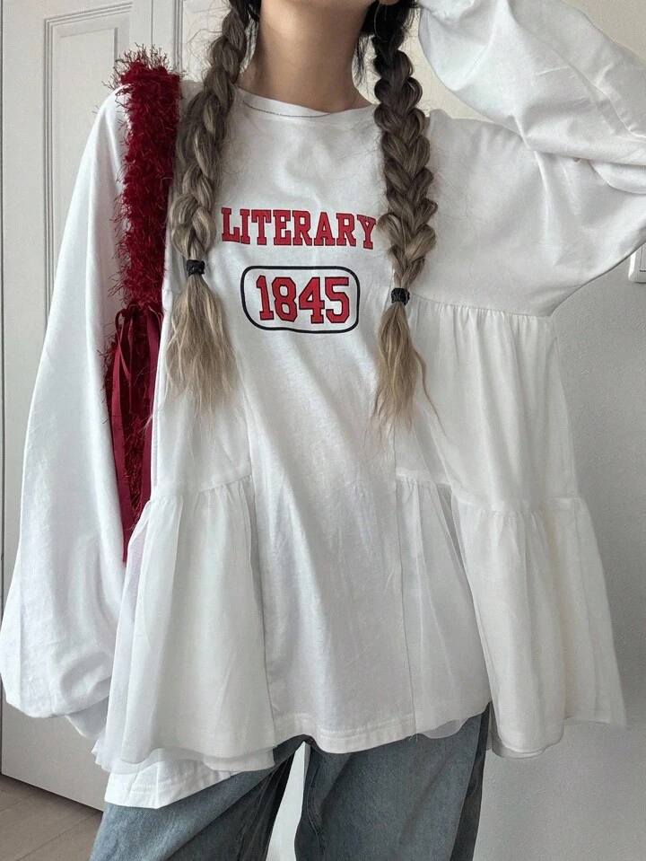 學院風文藝數字印花長袖上衣