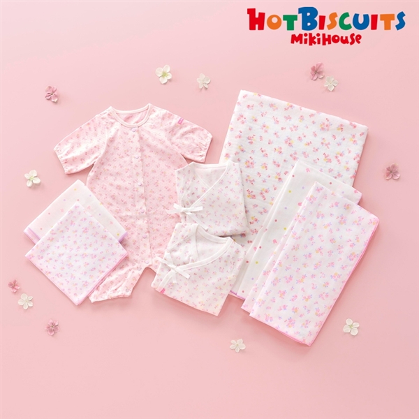 🇯🇵預訂 日本直送🇯🇵日本製Hot Biscuits 春夏款粉紅碎花新生兒純棉打底八件套
