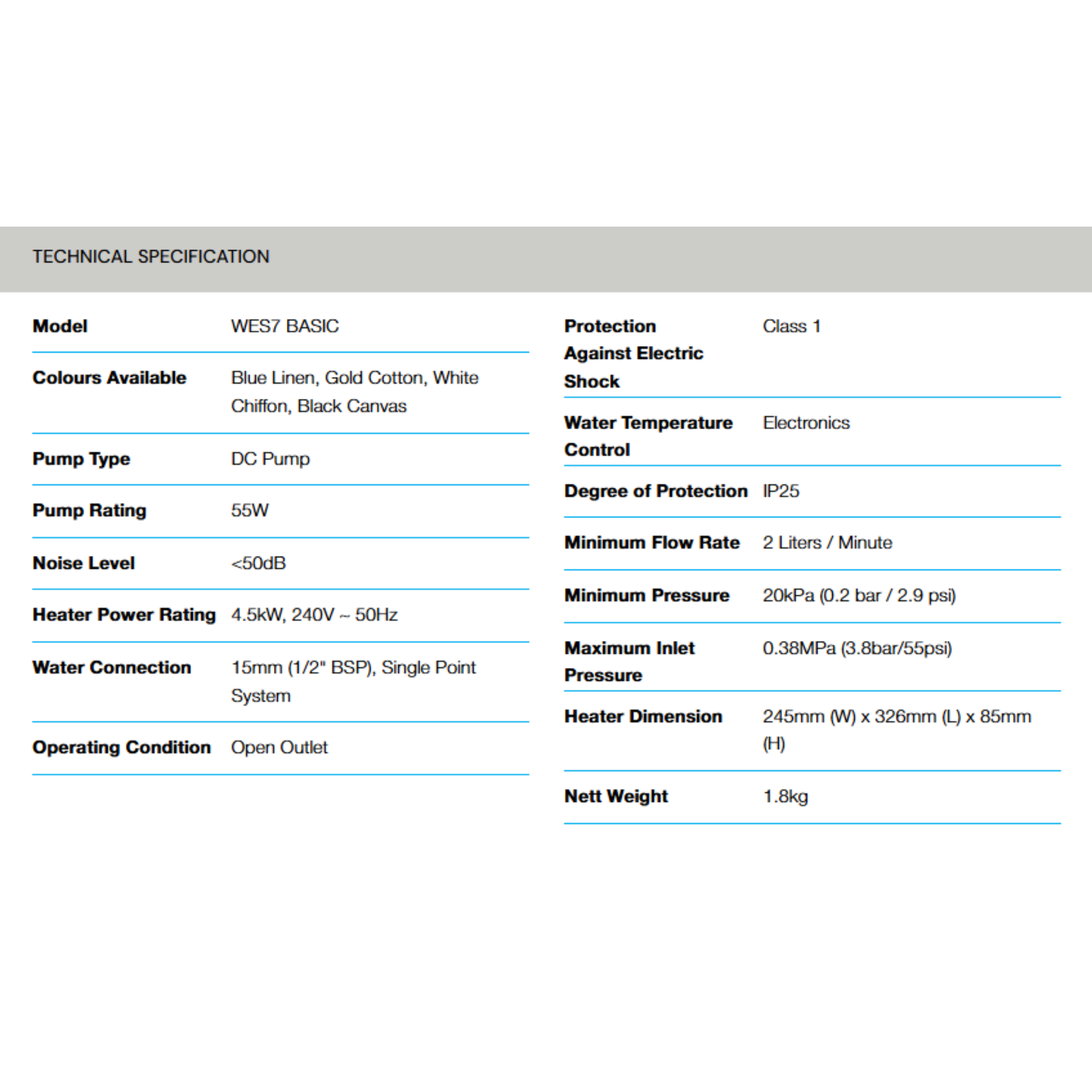 Alpha 2.0L WES7 Instant Water Heater DC Pump (WES7)