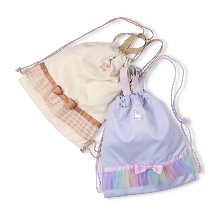 🆕【⭐訂購⭐】🇯🇵日本直送 獨角獸/小熊刺繡 薄紗褶邊 索繩背包🌀 [ELBD-0143][260318]