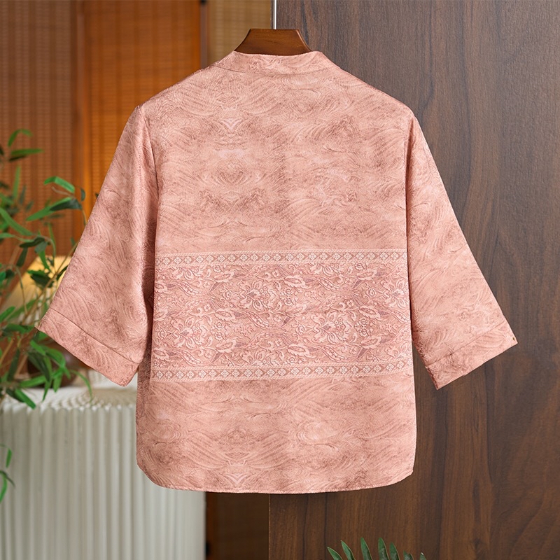 B67(2020) 新中式复古真丝横排刺绣前排珠钮粉绿上衣