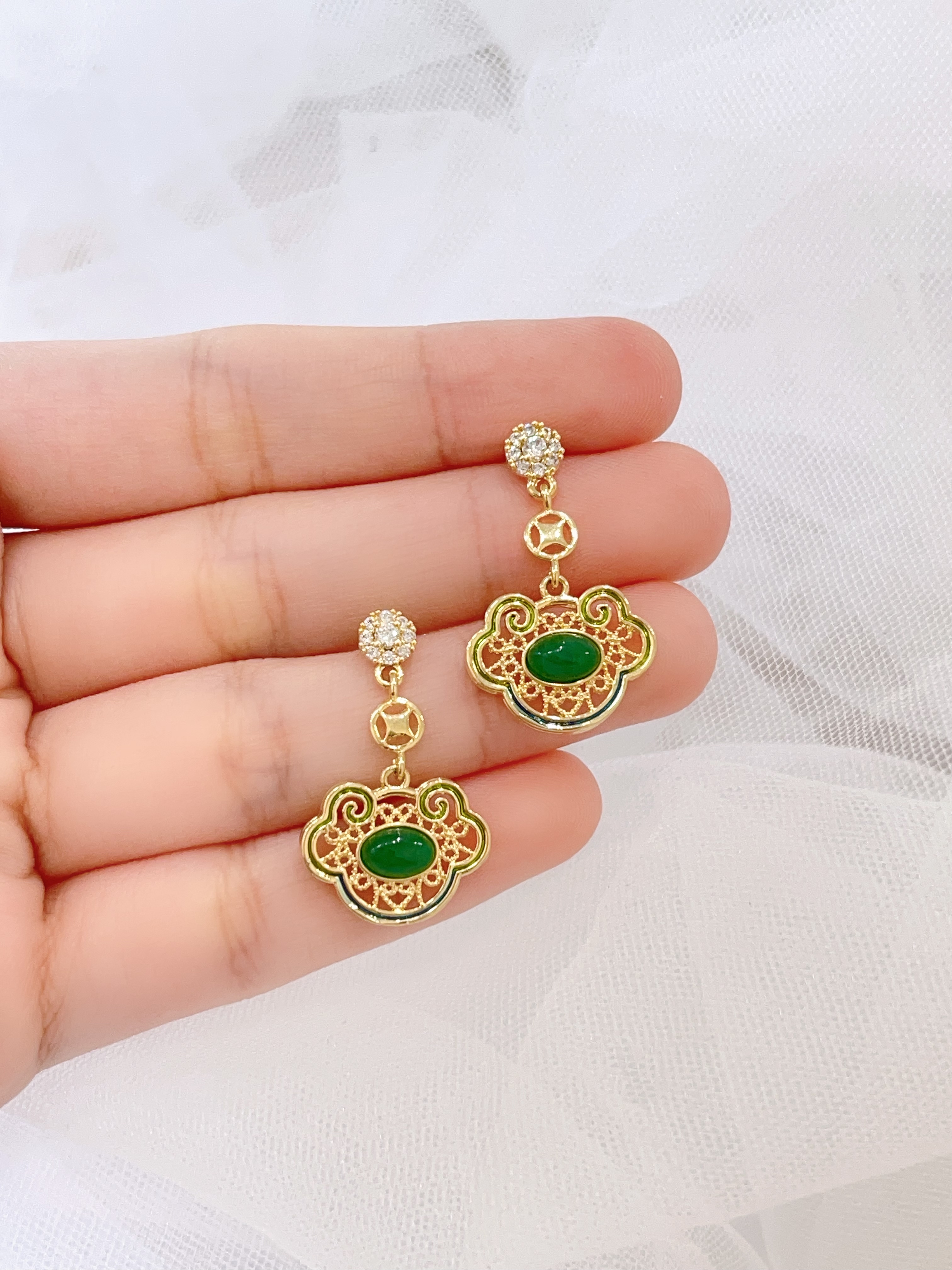 小众气质简约风绿如意耳坠耳环