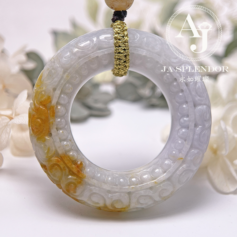 JN-3299 天然翡翠A玉 復古回紋順利招財黃翡精工雕刻糖環