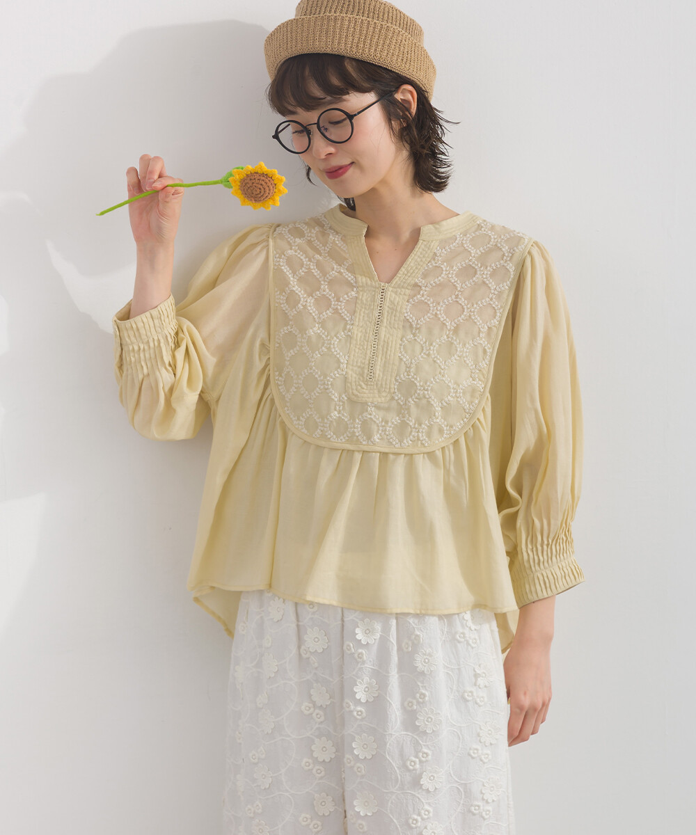 LP - 純棉圓點幾何刺繡襯衫 (米黃色)