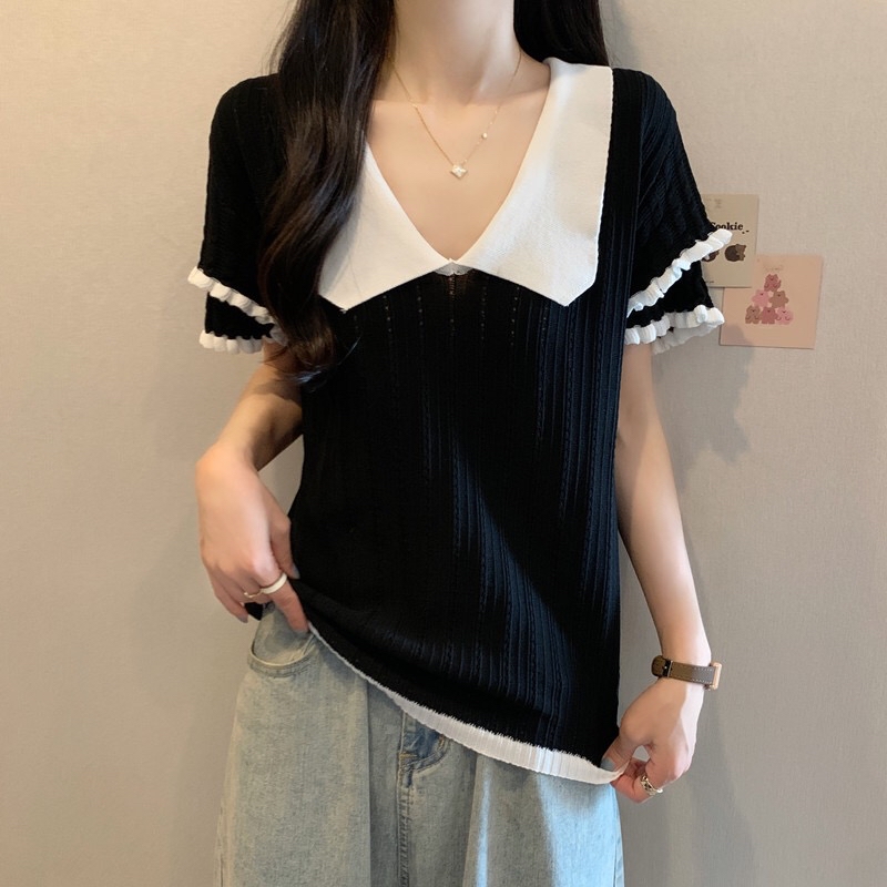 B26(878) 法式撞色娃娃领双层花边袖黑针织上衣 