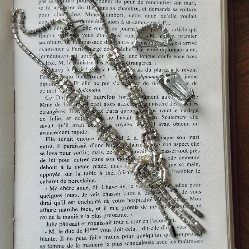 Preview - 1950s European Black & Clear Rhinestone Clip Earrings and Tassel Necklace (MT2263)