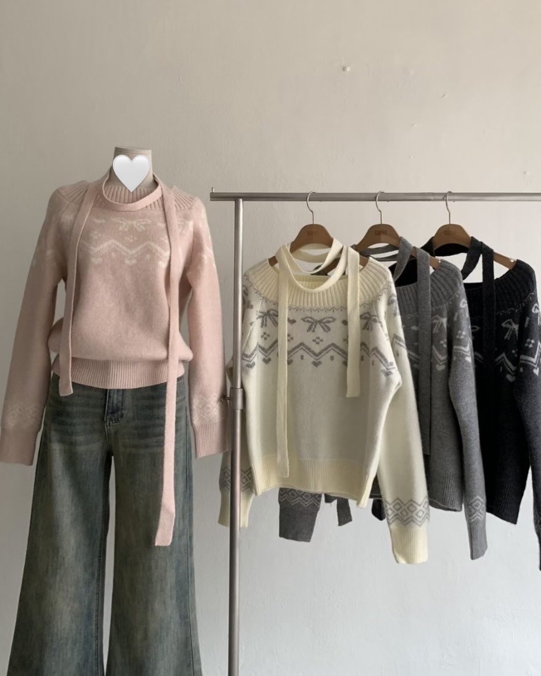 韓國甜美風一字膊蝴蝶結毛衣+掛頸巾