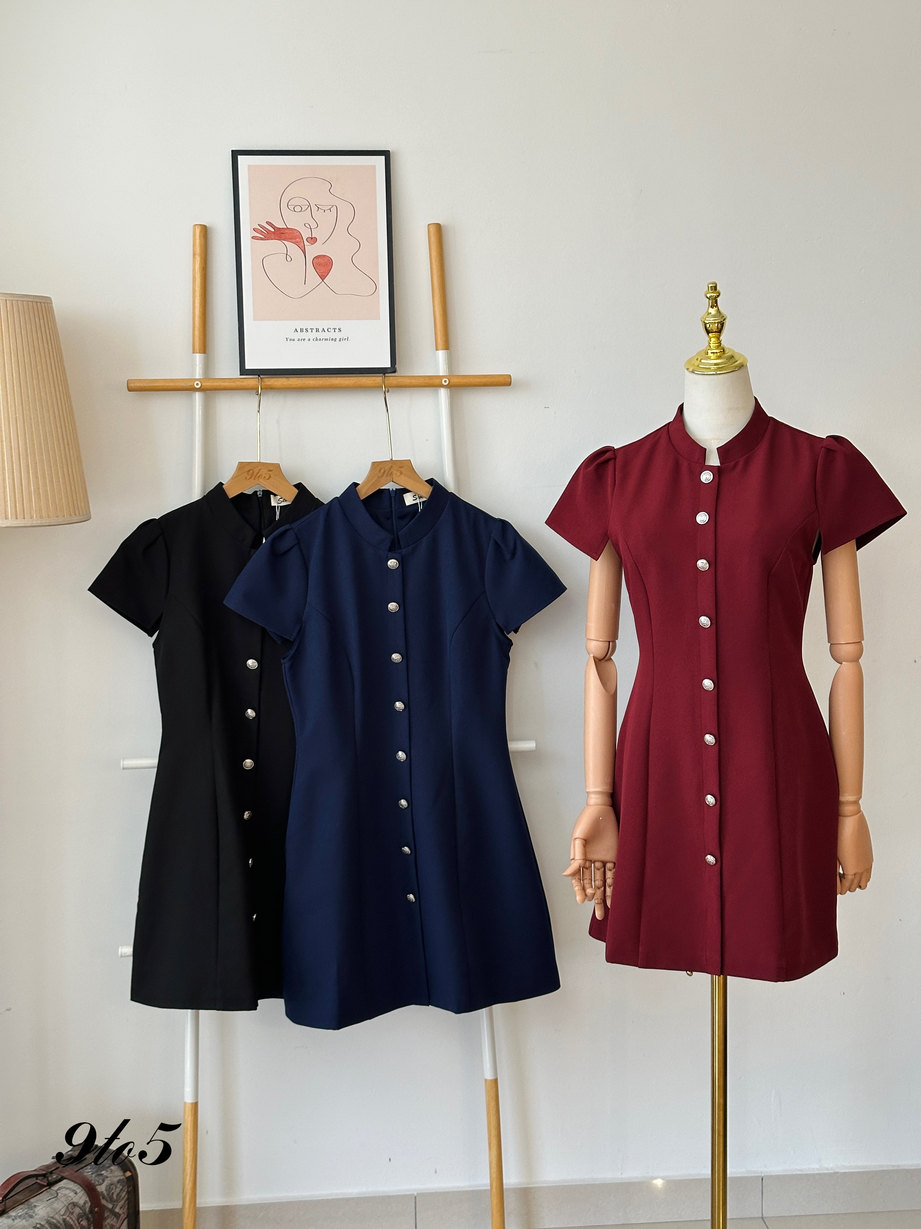 D2313 Puff Sleeve Stand Collar Dress - 3 Colors