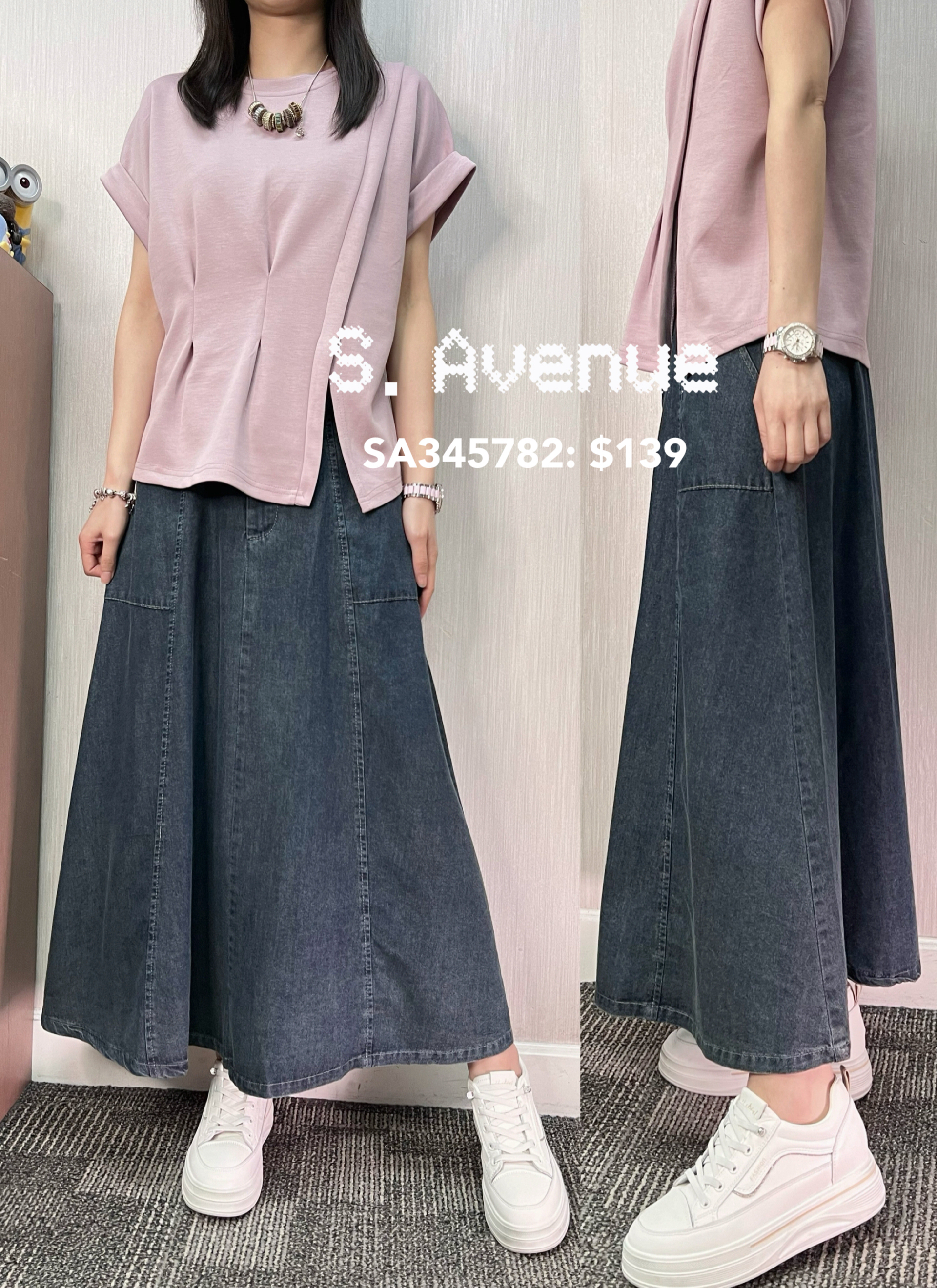 SA345782: 後橡筋腰前有鈕方袋A字牛仔裙