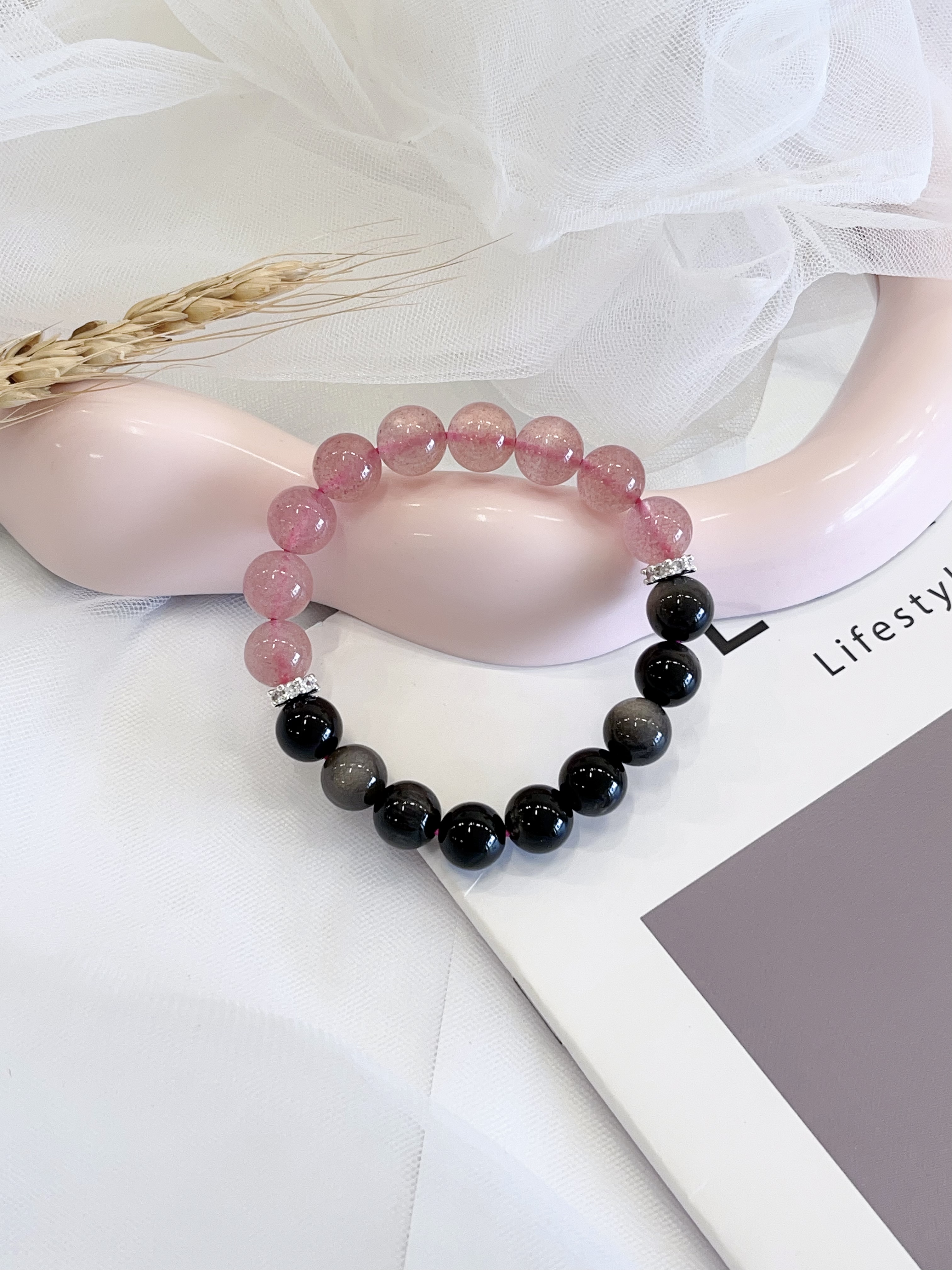 🍓 草莓晶 × 银曜石手串 Strawberry Quartz & Silver Obsidian