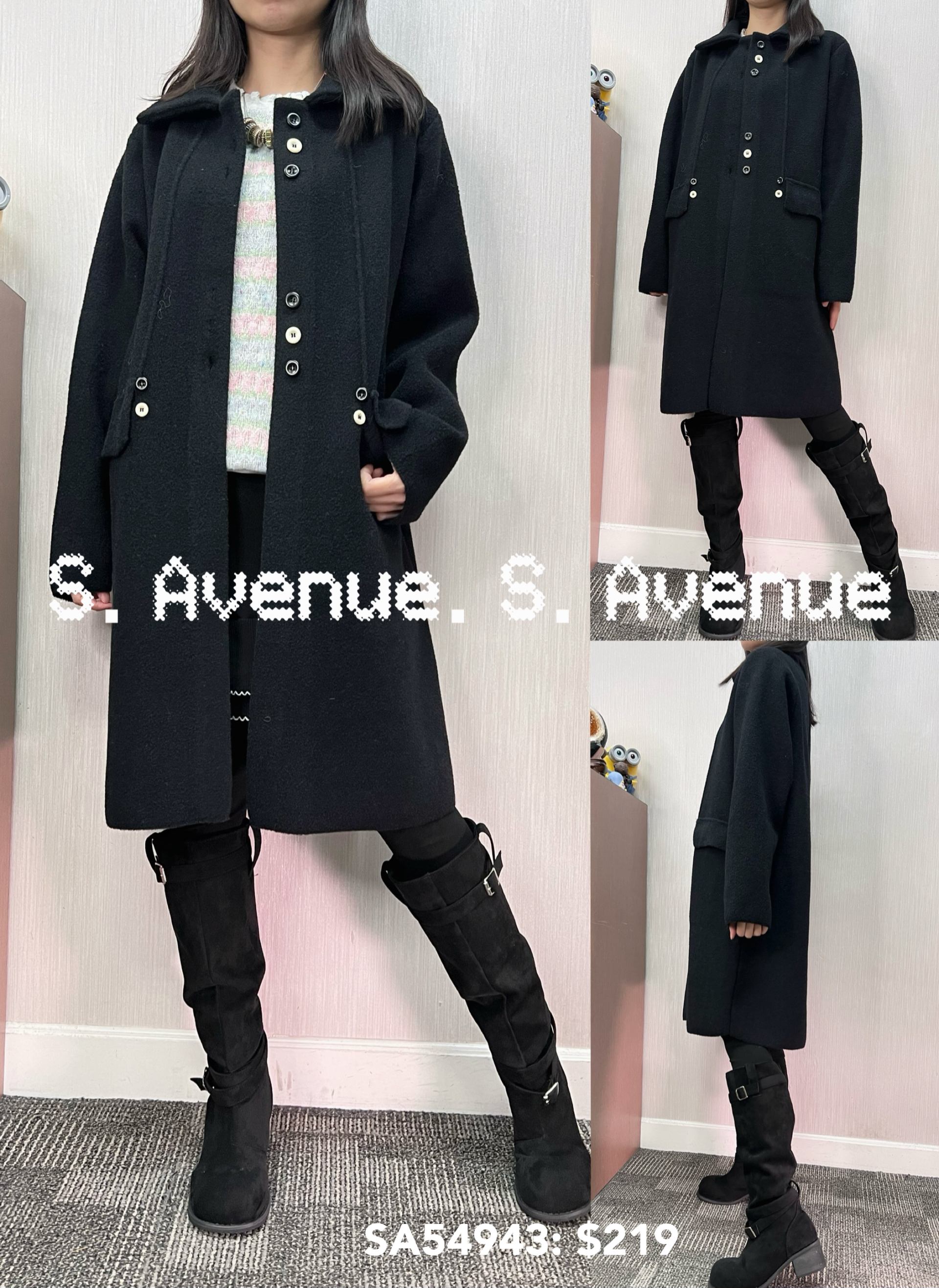 SA54943: 長袖有領撞色鈕前有骨長褸