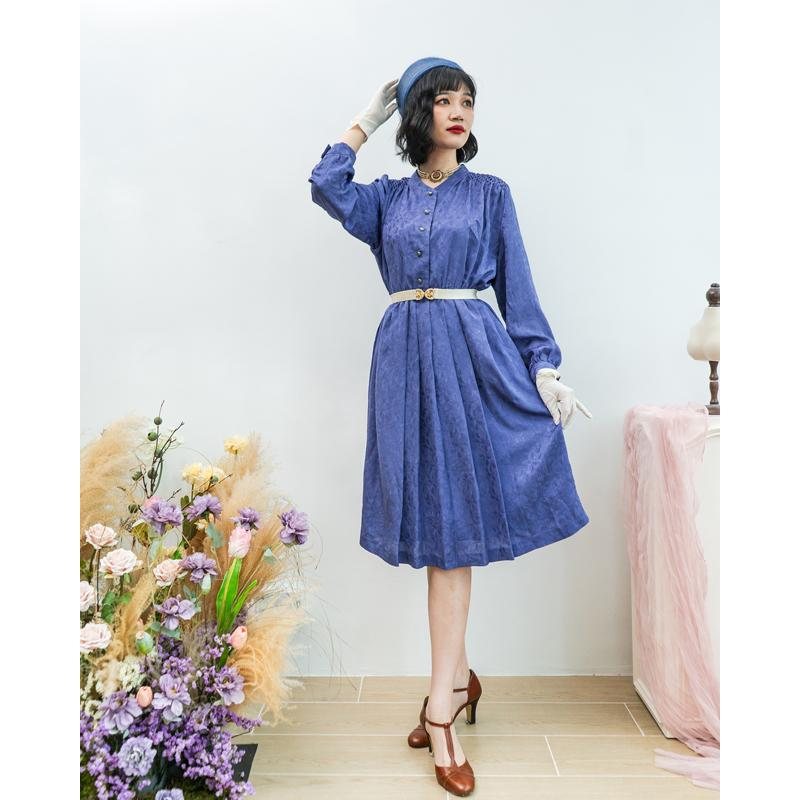 Vintage Purplish Blue Subtle Pattern Diamond Gathered Detail Elegant Day & Night Dress (MT1608-81)