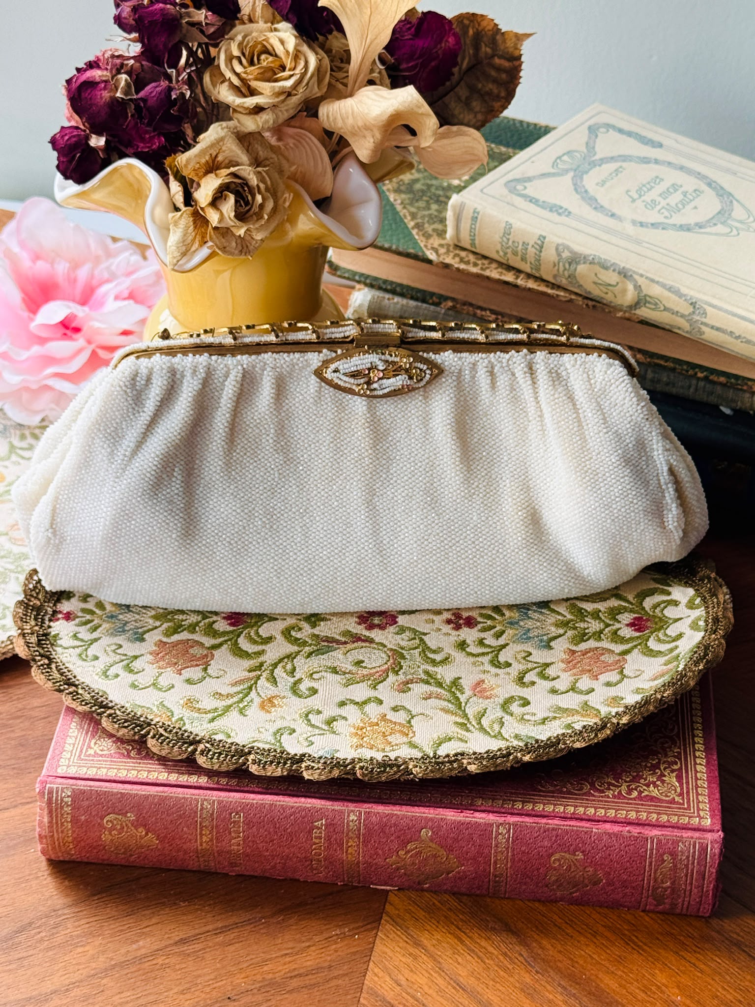 Vintage Mid-century Pastel Foliage Frame White Bead Bag- Likely Made in France (MT2647)