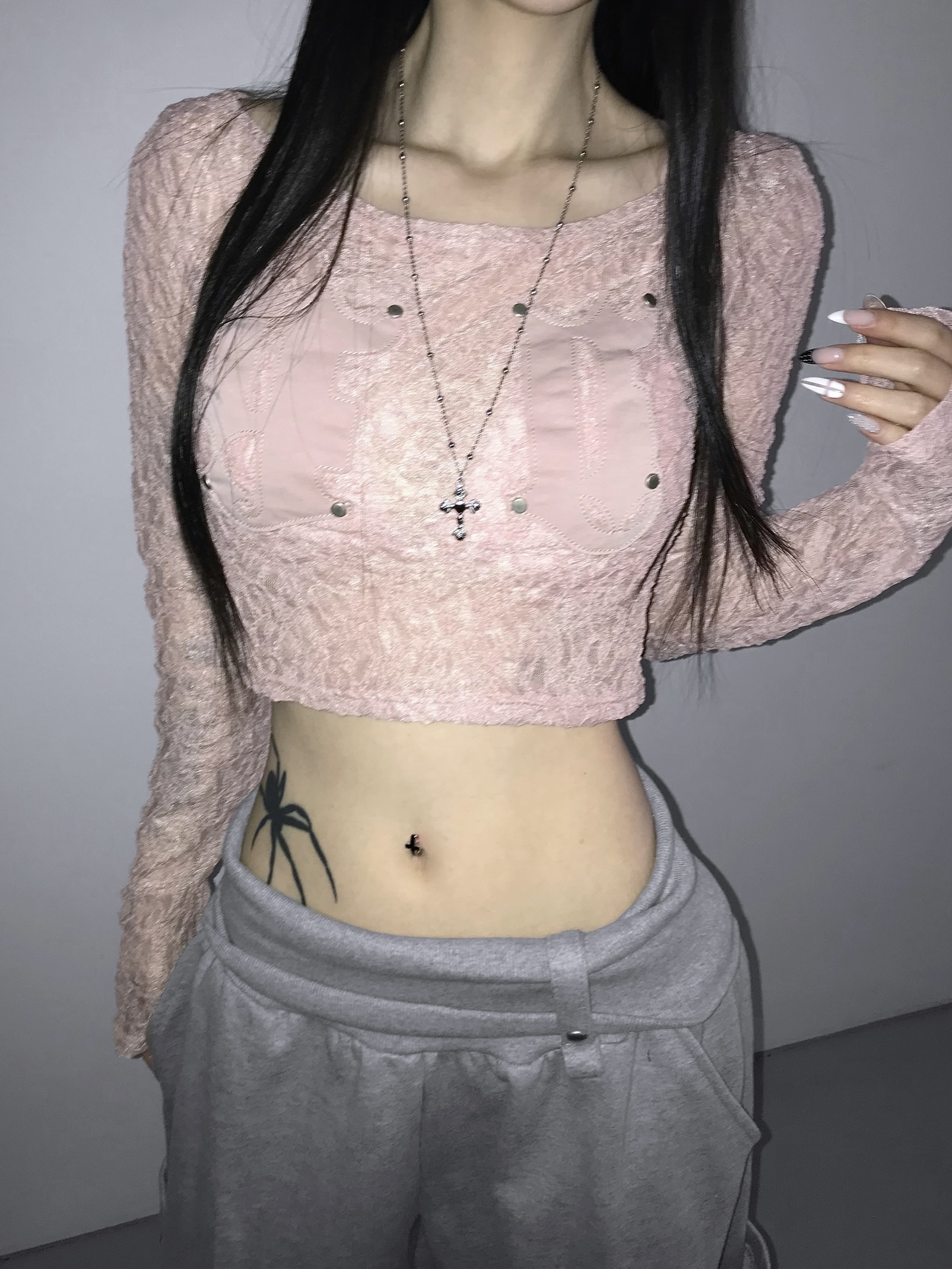 Sheer Lace Round Neck Crop Top
