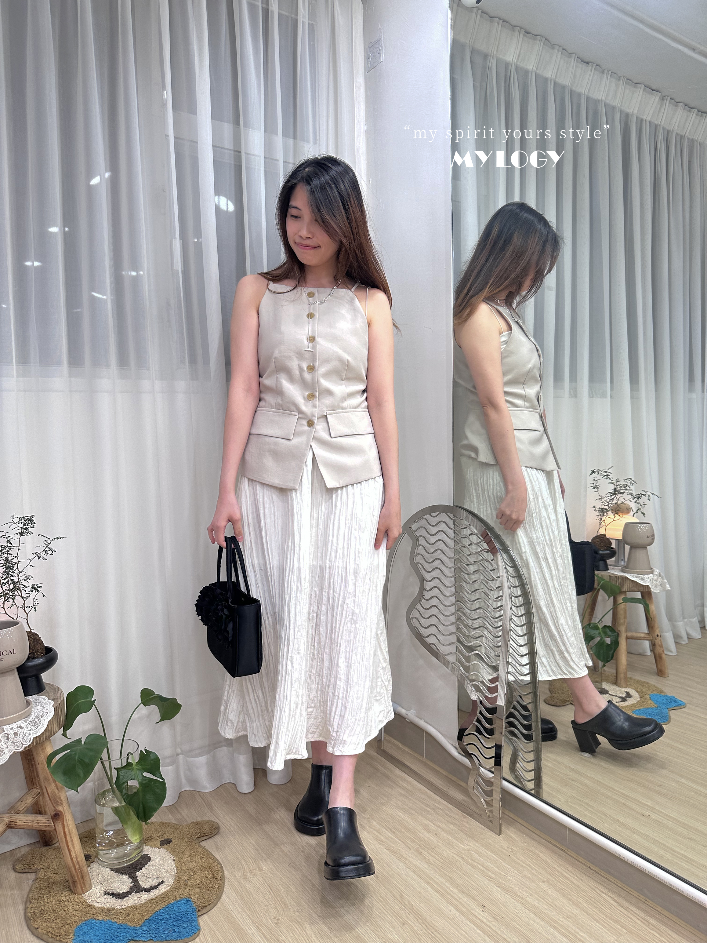 高智感懶人套裝！假2件！入膊背心連身裙 MUR0003 - 杏色 Beige
